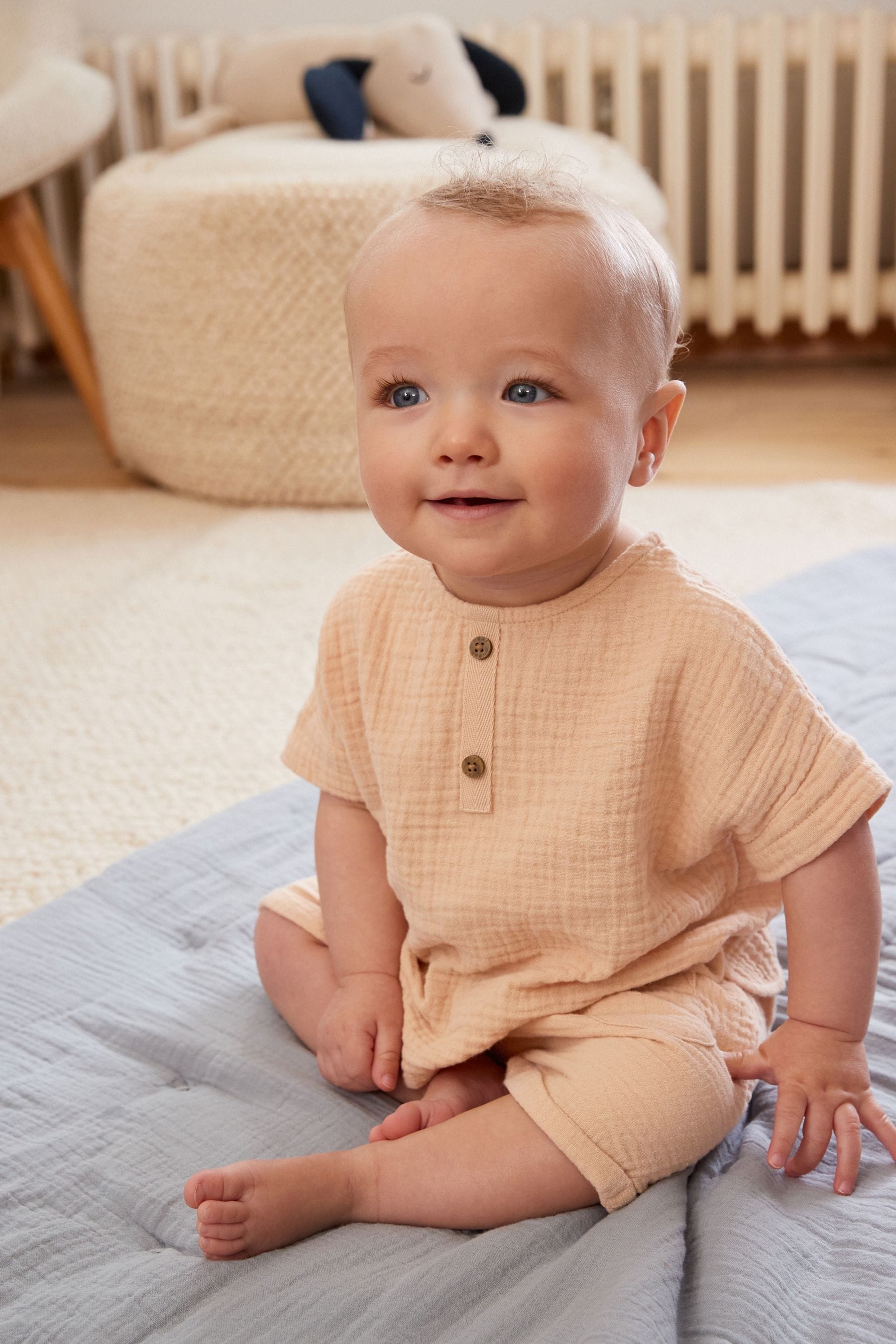 Orange Two Piece Baby Woven Textured Shirt and Shorts Set (0mths-2yrs)