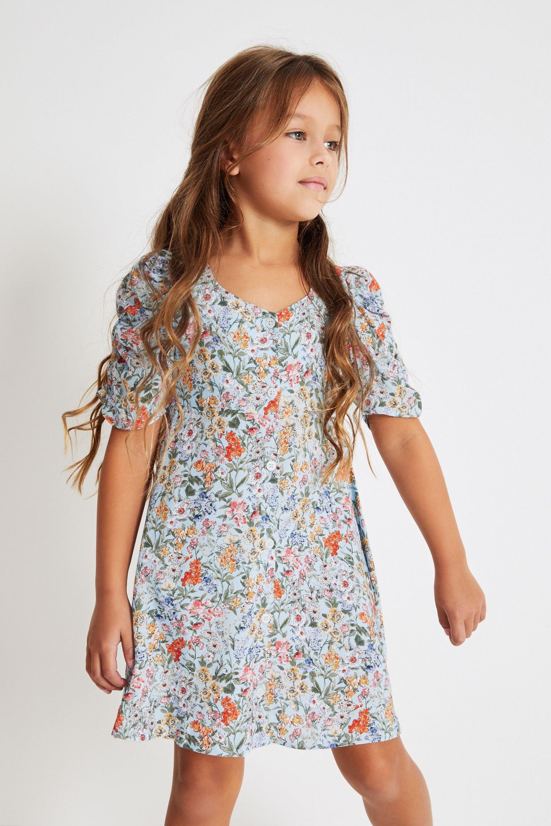 Blue/Orange Floral Ruched Sleeve Dress (3-16yrs)