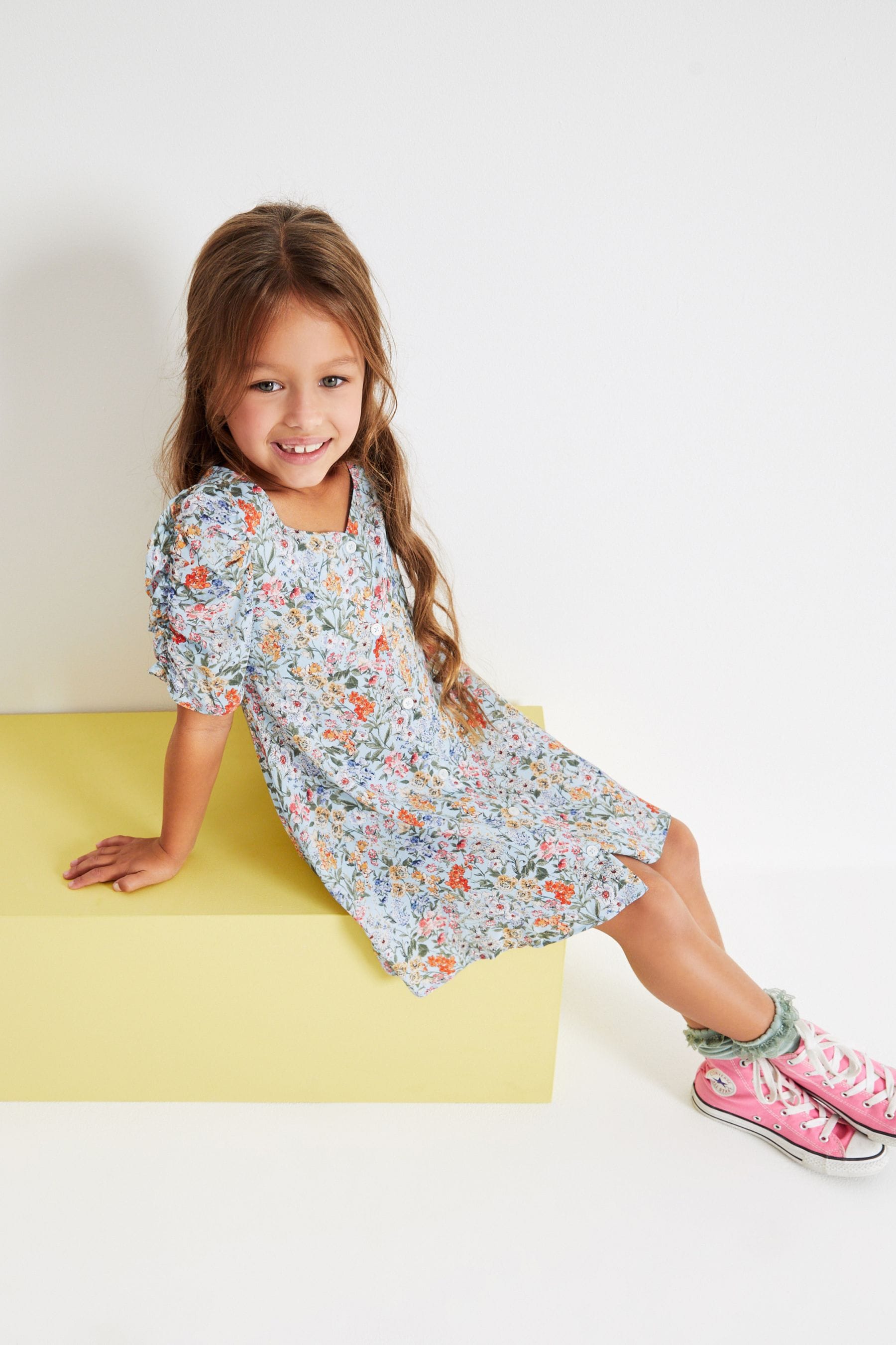 Blue/Orange Floral Ruched Sleeve Dress (3-16yrs)