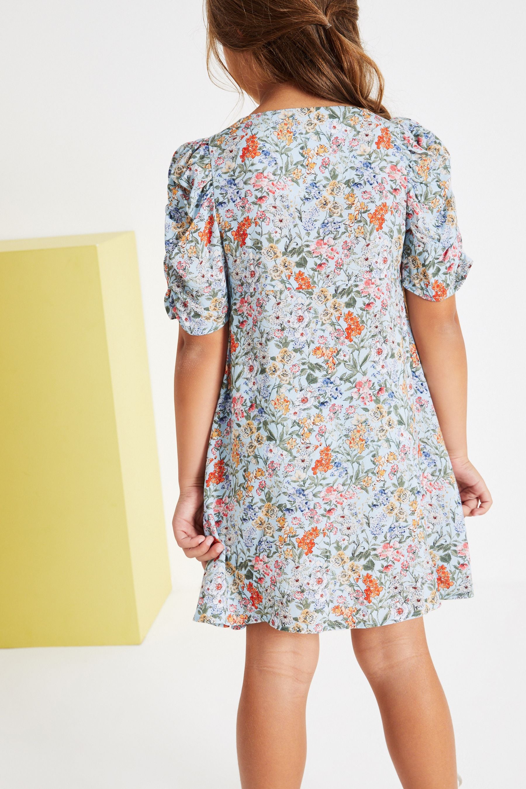 Blue/Orange Floral Ruched Sleeve Dress (3-16yrs)