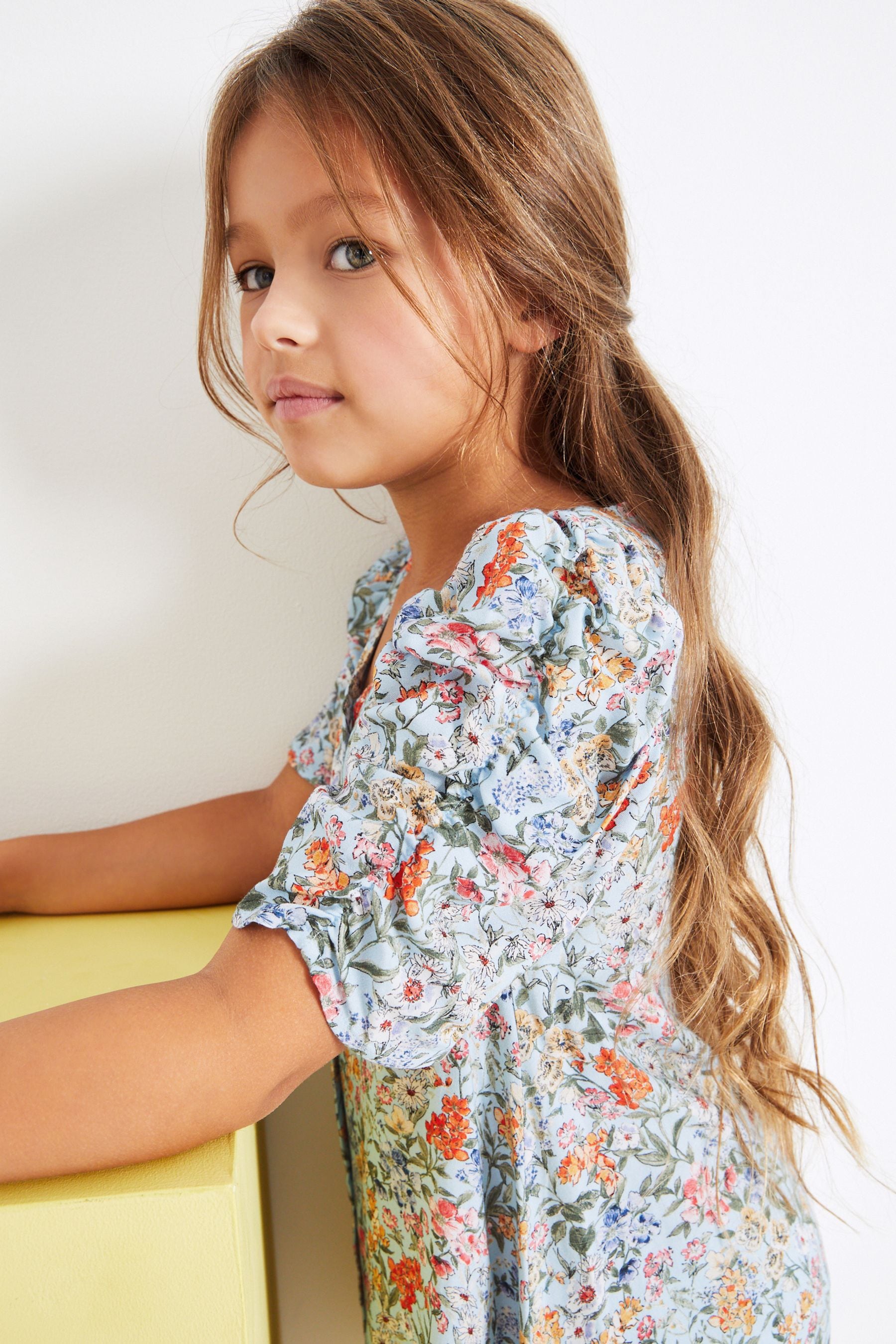 Blue/Orange Floral Ruched Sleeve Dress (3-16yrs)