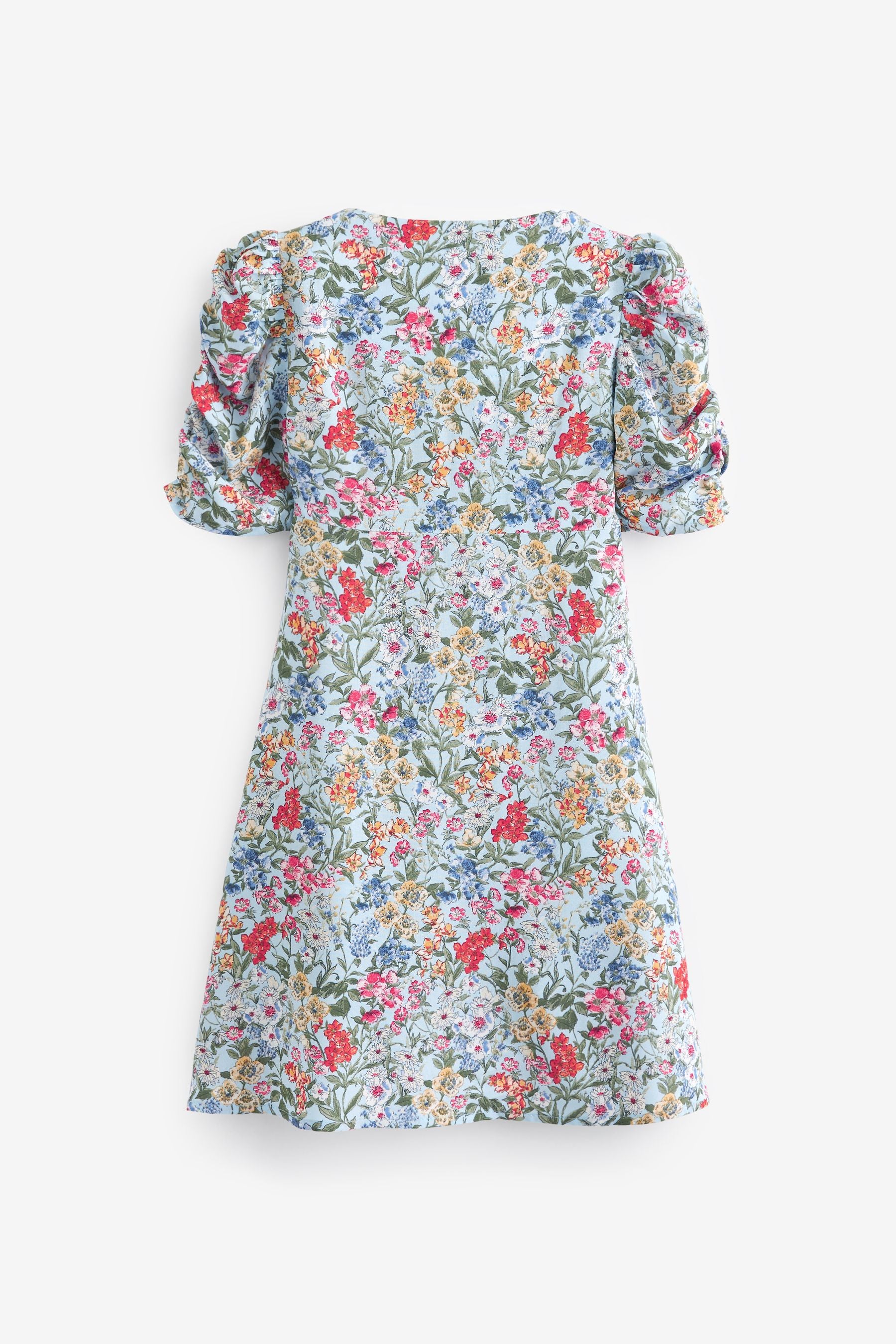 Blue/Orange Floral Ruched Sleeve Dress (3-16yrs)