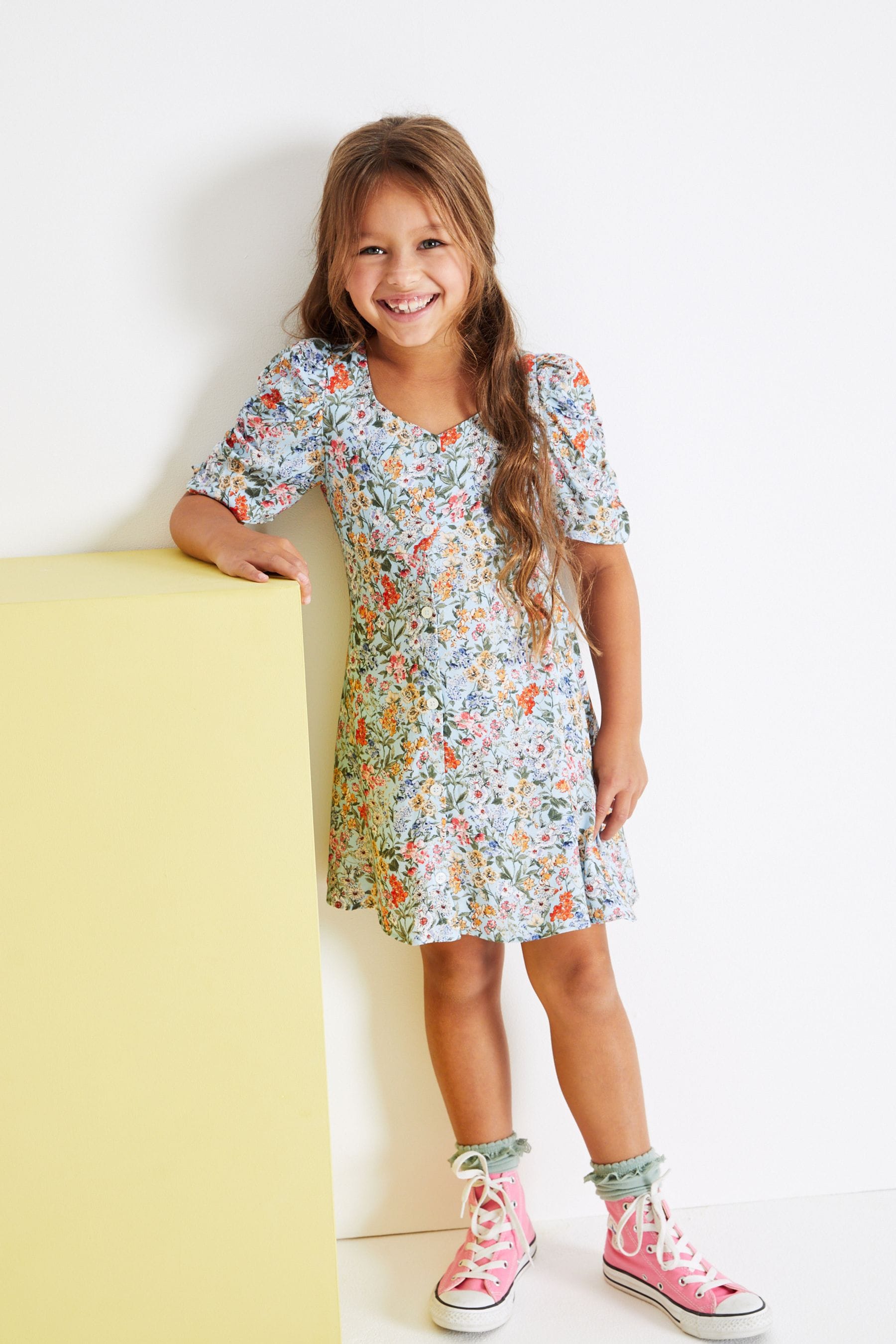 Blue/Orange Floral Ruched Sleeve Dress (3-16yrs)