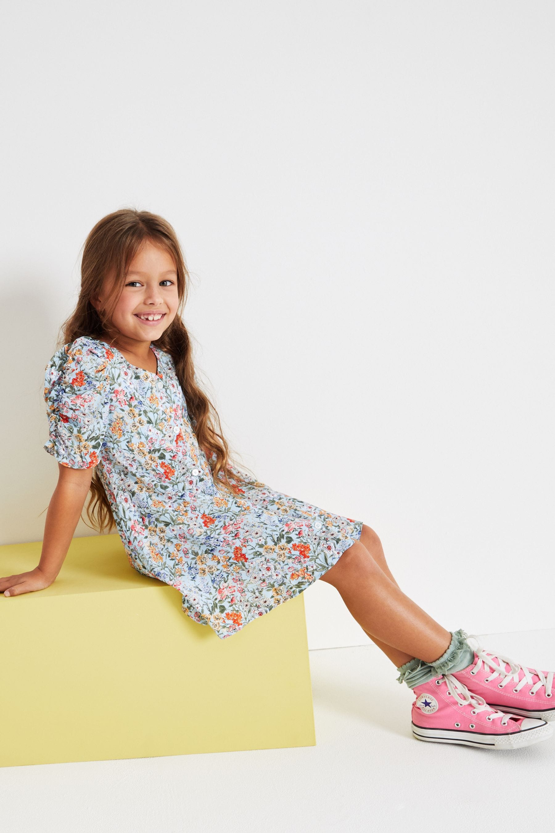 Blue/Orange Floral Ruched Sleeve Dress (3-16yrs)