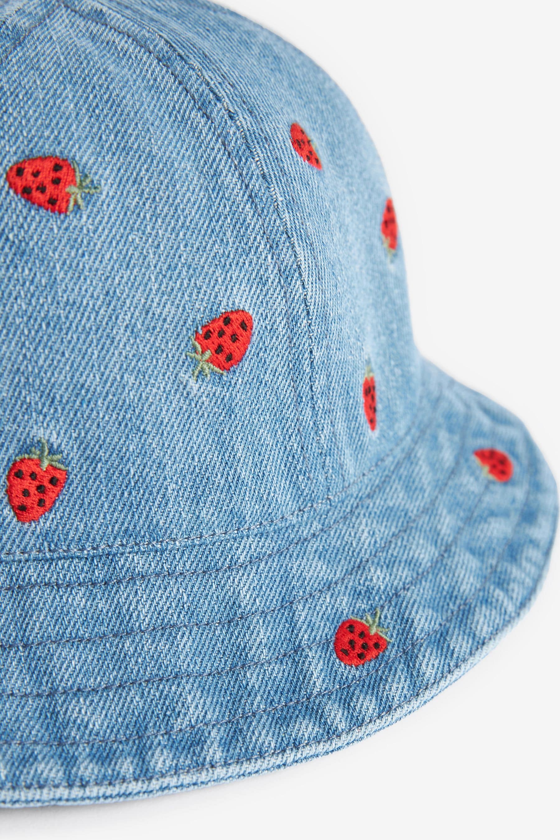 Denim Strawberry Embroidered Bucket Hat (3mths-13yrs)