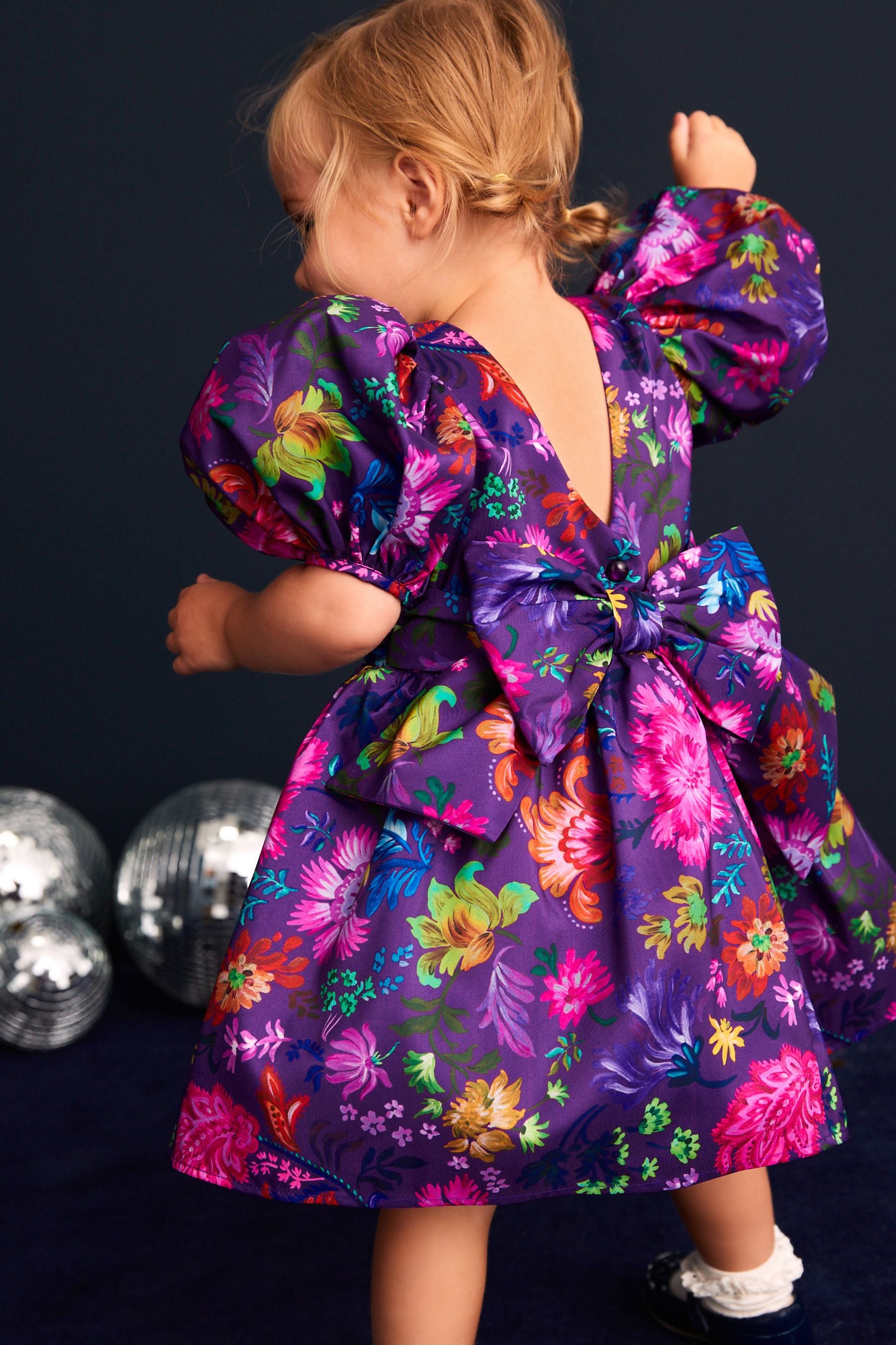 Purple Floral Print Taffeta Dress (3mths-8yrs)