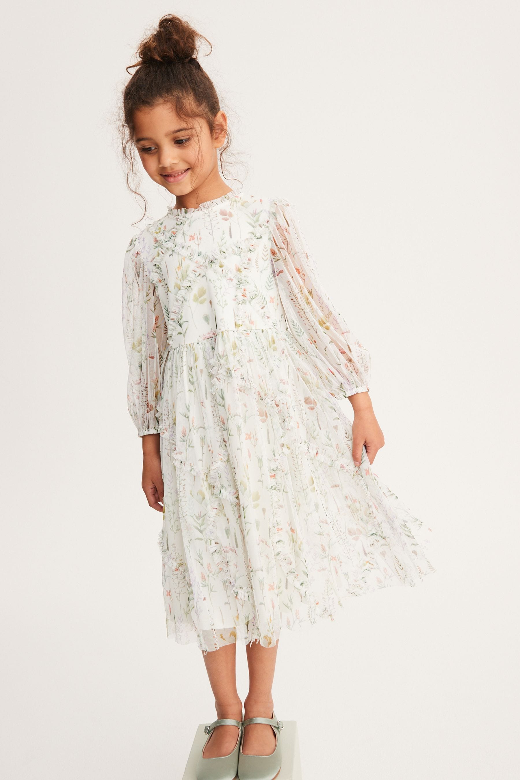 Soft Floral Long Sleeve Mesh Dress (3-16yrs)