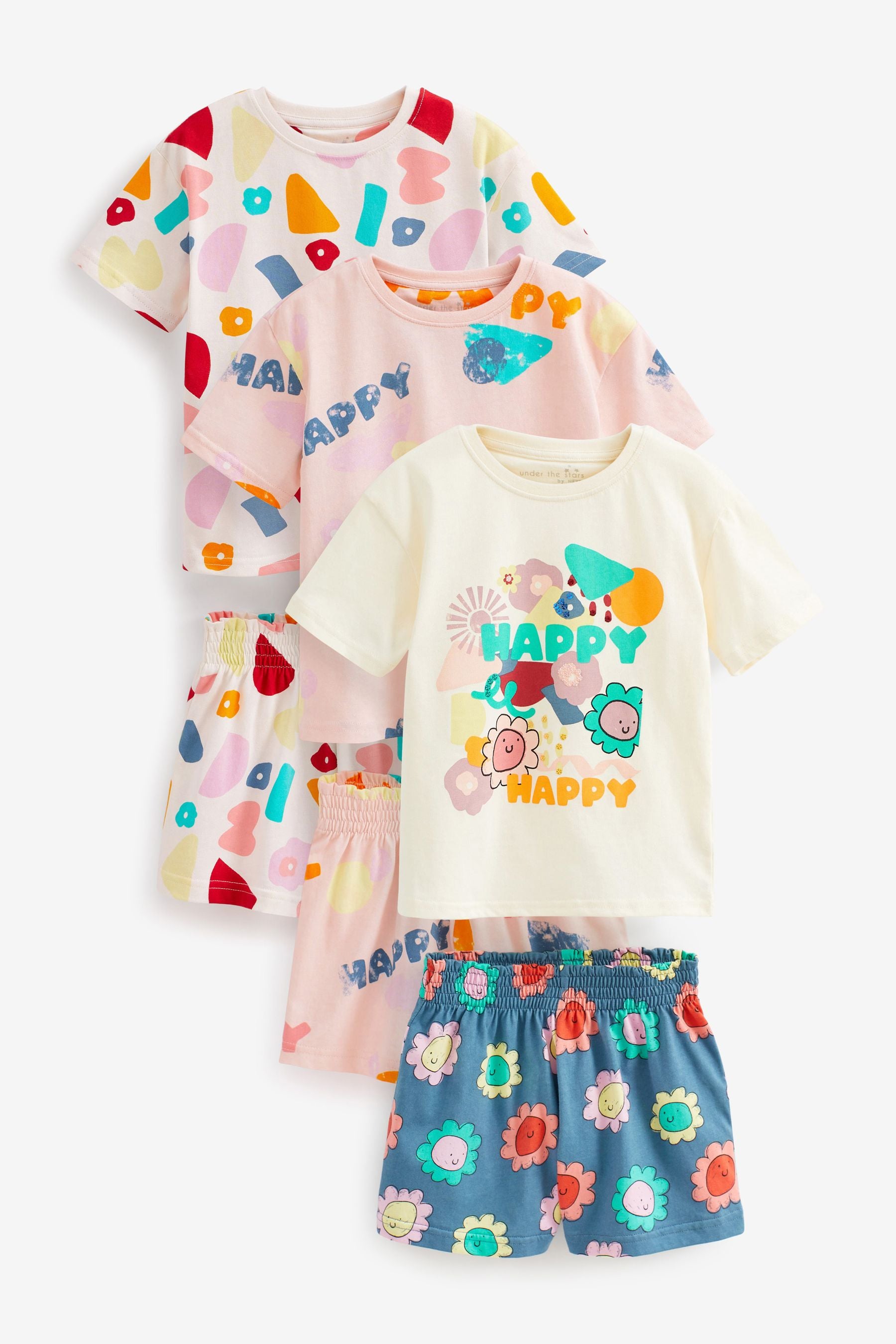 Pink/Cream Happy Short Pyjamas 3 Pack (9mths-16yrs)