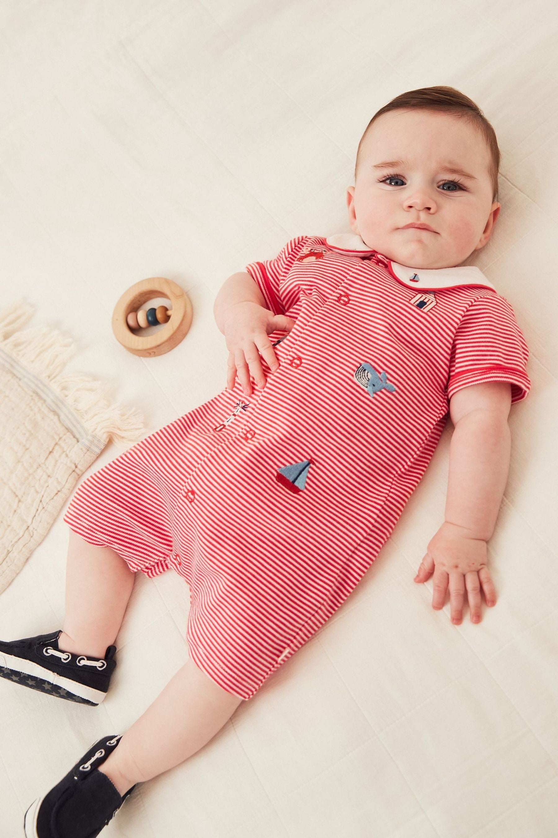 Red Nautical Embroidered Baby Jersey Romper