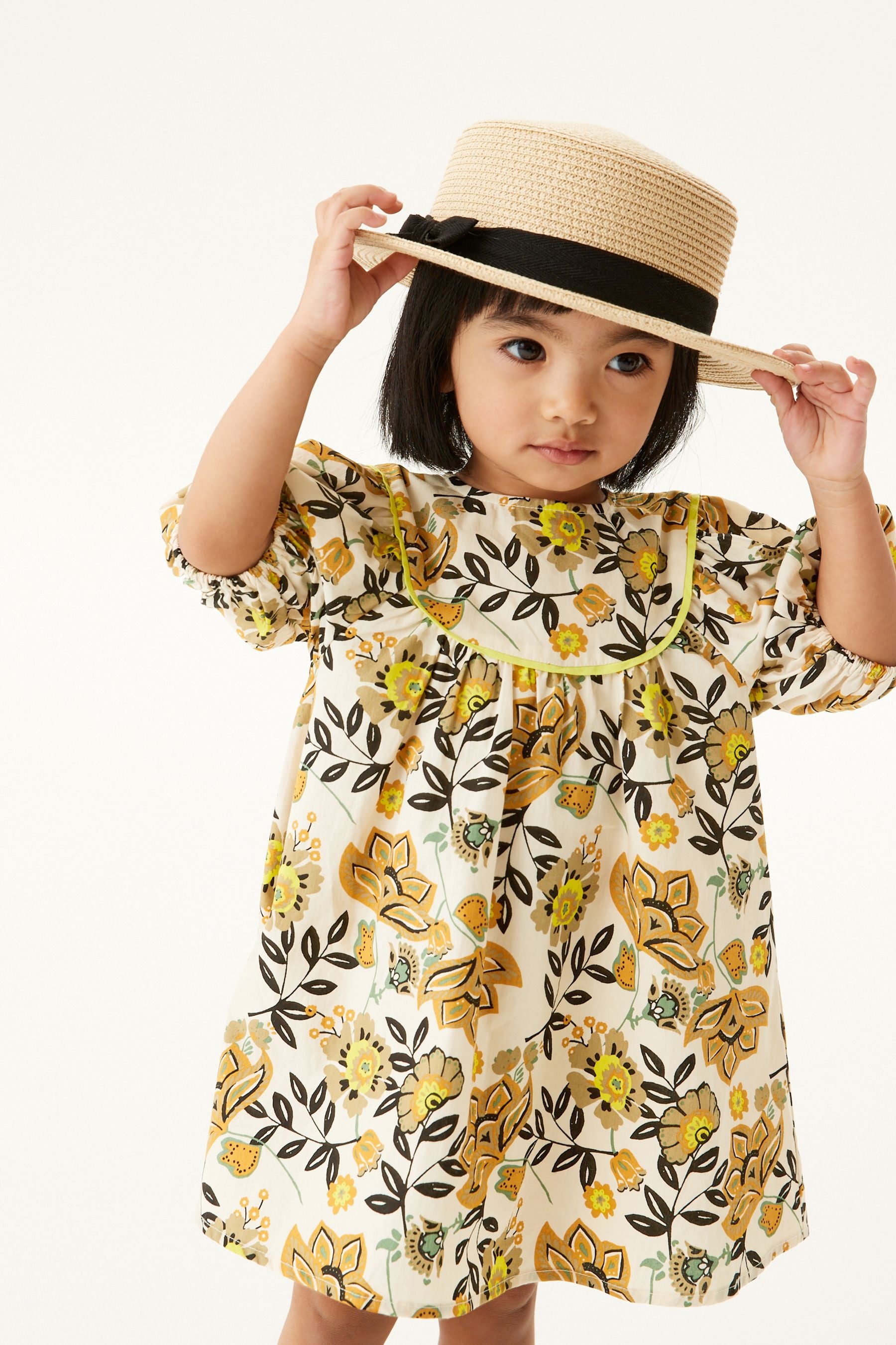 Olive Green Floral Printed Poplin Dress (3mths-8yrs)