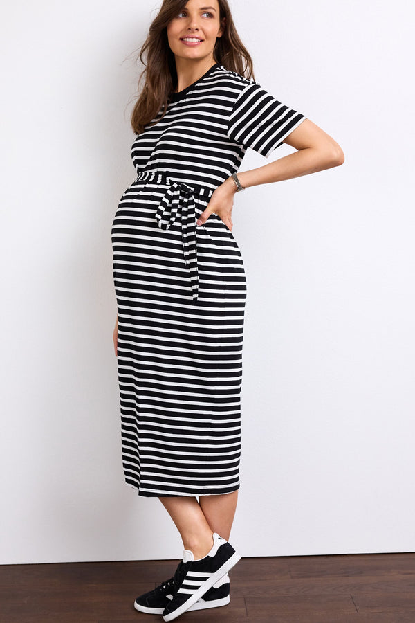 Black and White Stripe Maternity Short Sleeve Jersey Midi Dress