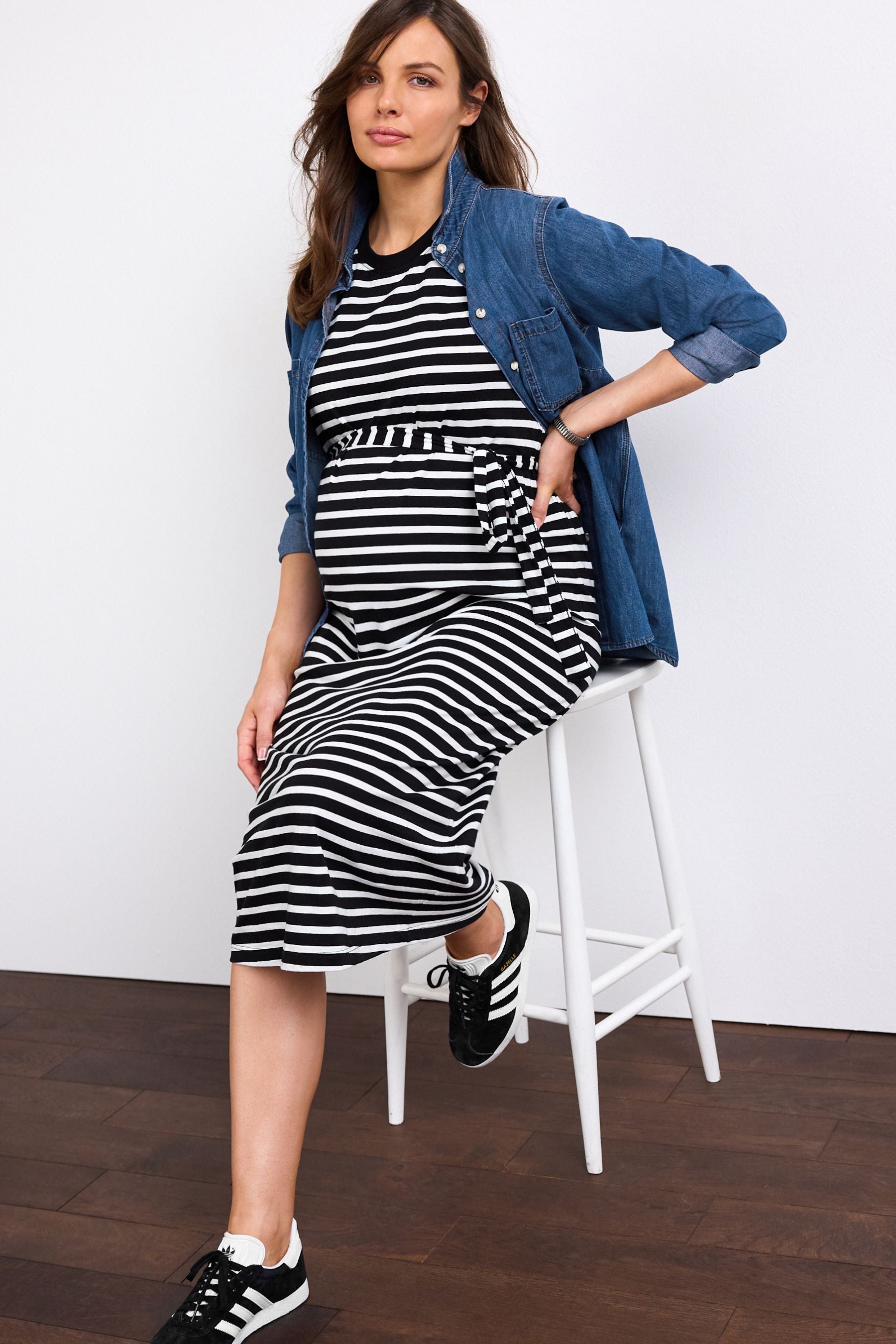 Black and White Stripe Maternity Short Sleeve Jersey Midi Dress