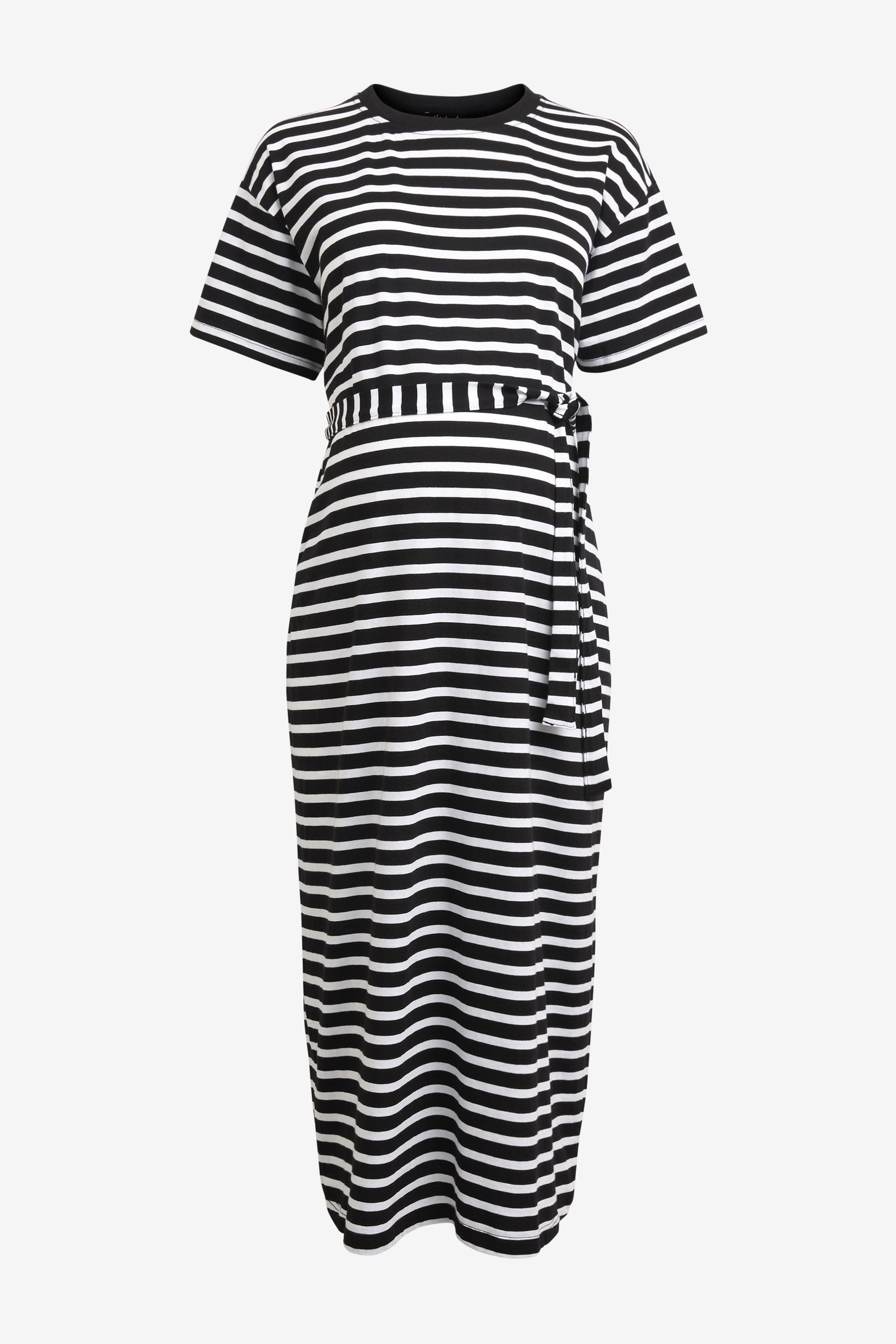 Black and White Stripe Maternity Short Sleeve Jersey Midi Dress