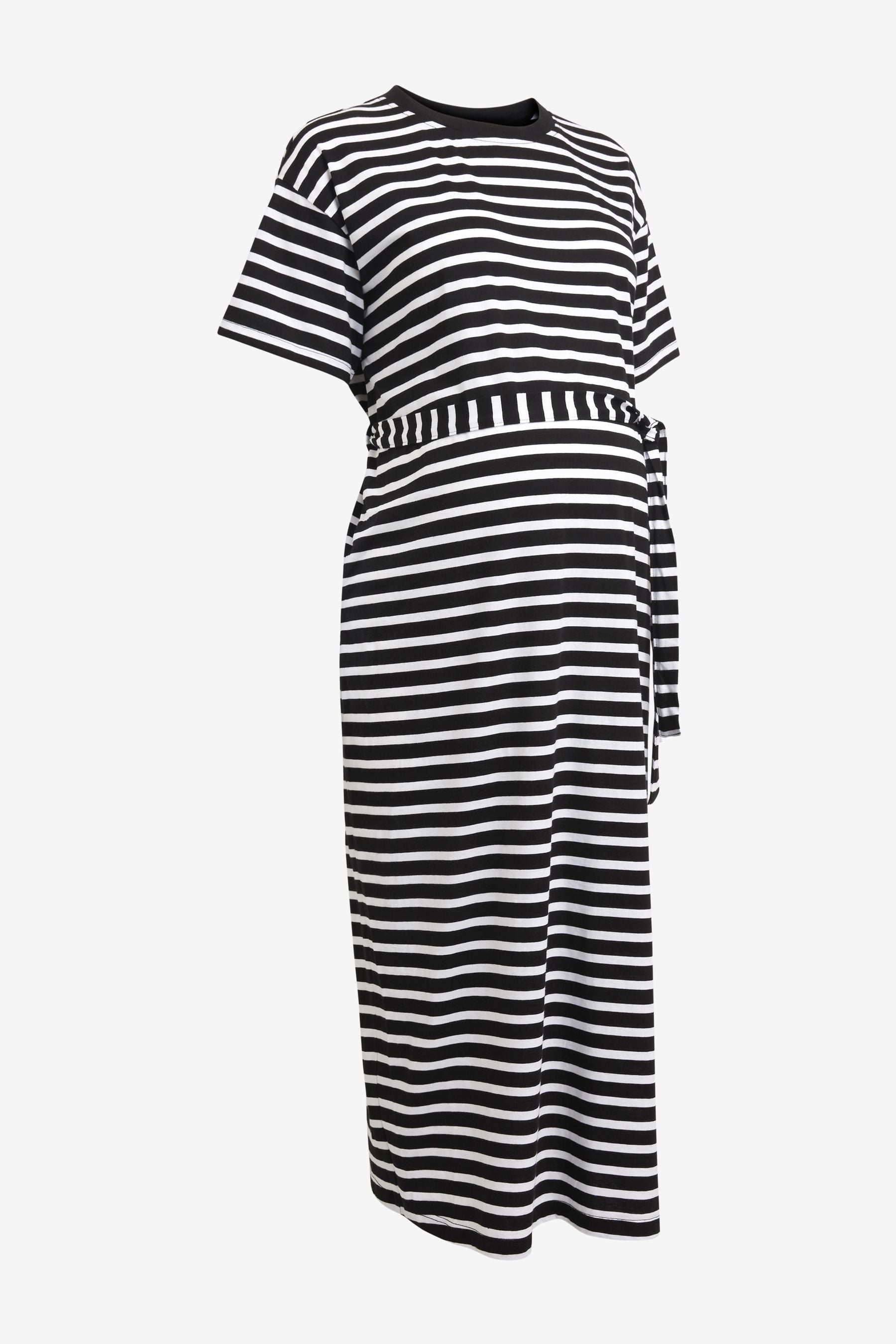 Black and White Stripe Maternity Short Sleeve Jersey Midi Dress