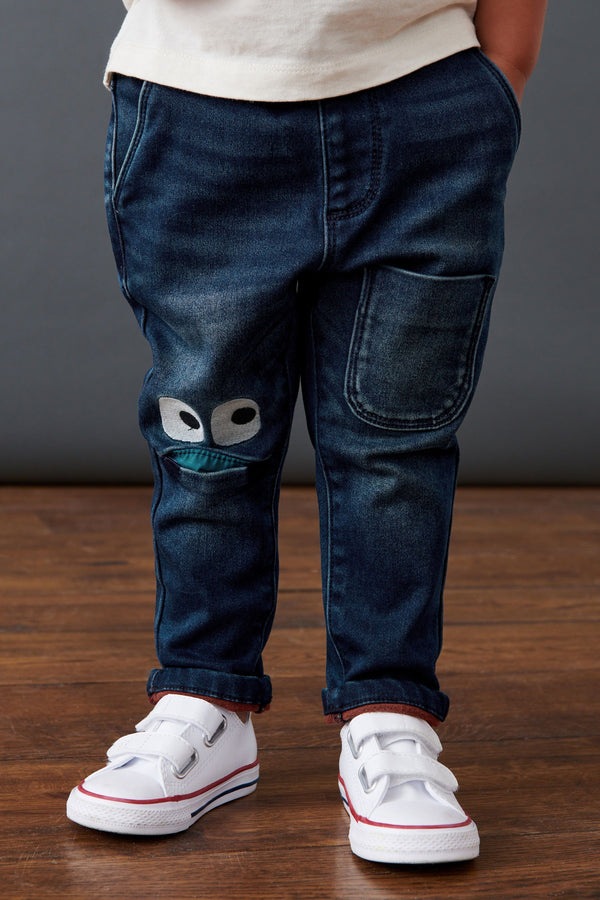 Dark Wash Blue Rib Waist Monster Character Pull-On Jeans (3mths-7yrs)