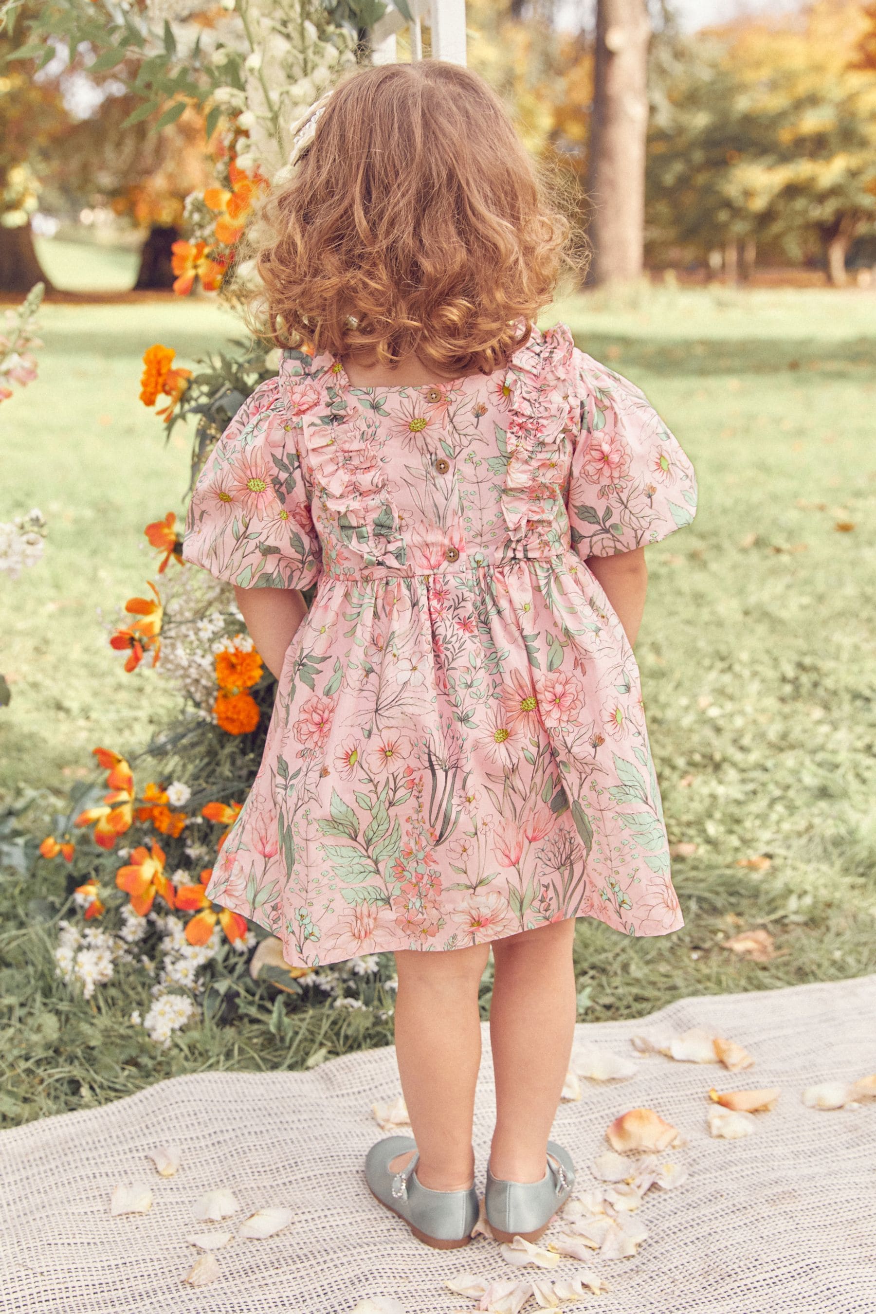 Pink Floral Printed Puff Sleeves Dress (3mths-8yrs)