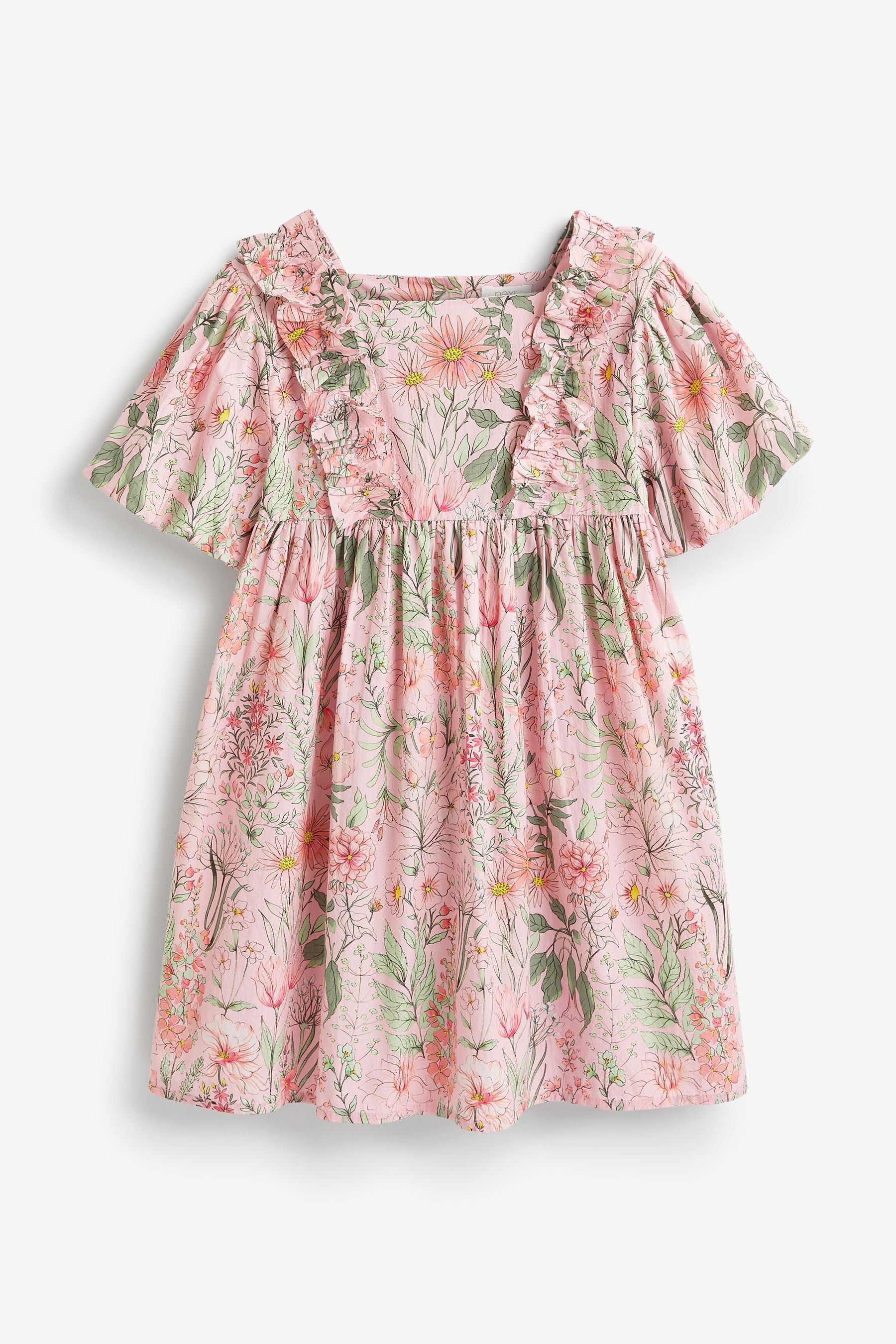 Pink Floral Printed Puff Sleeves Dress (3mths-8yrs)