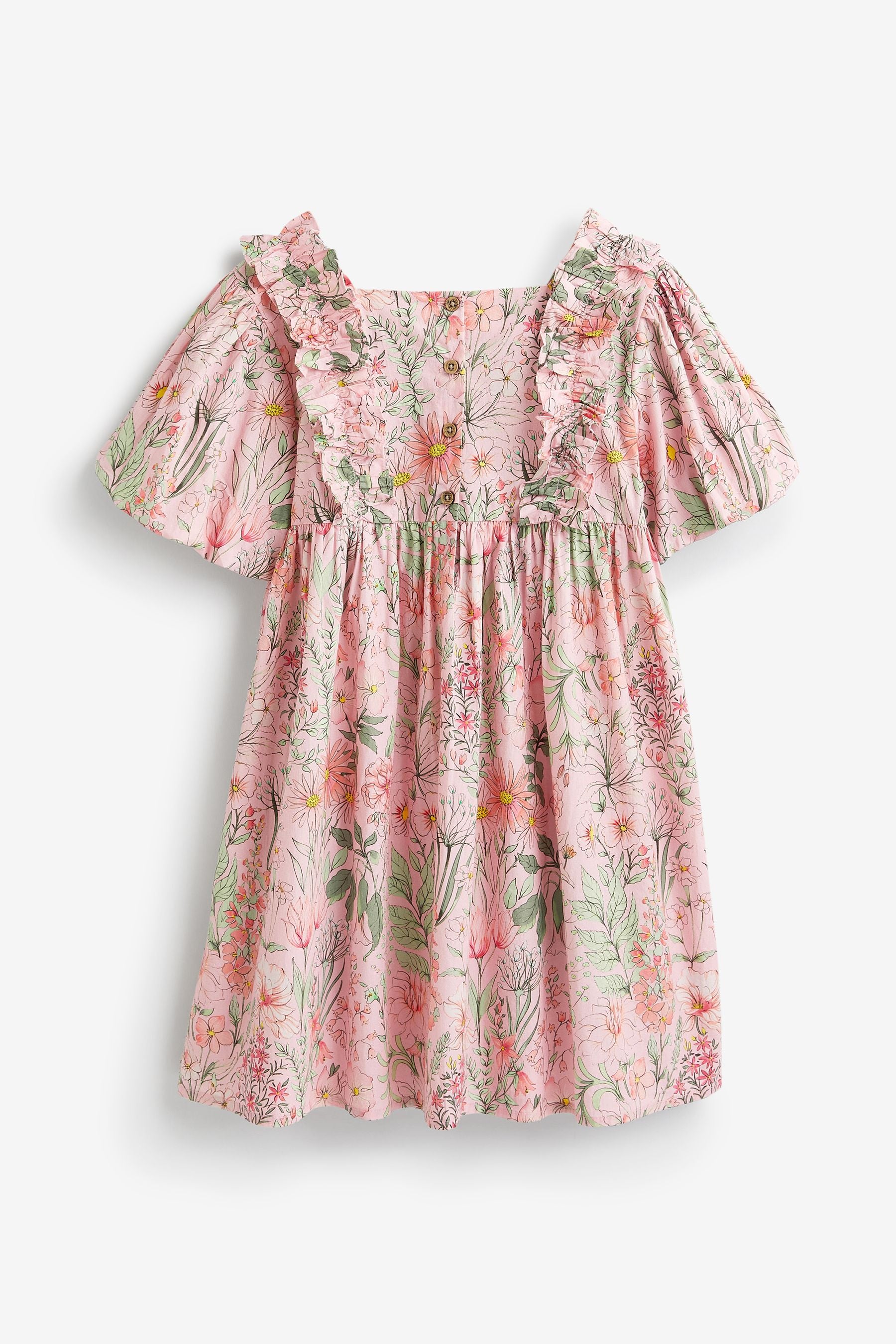 Pink Floral Printed Puff Sleeves Dress (3mths-8yrs)