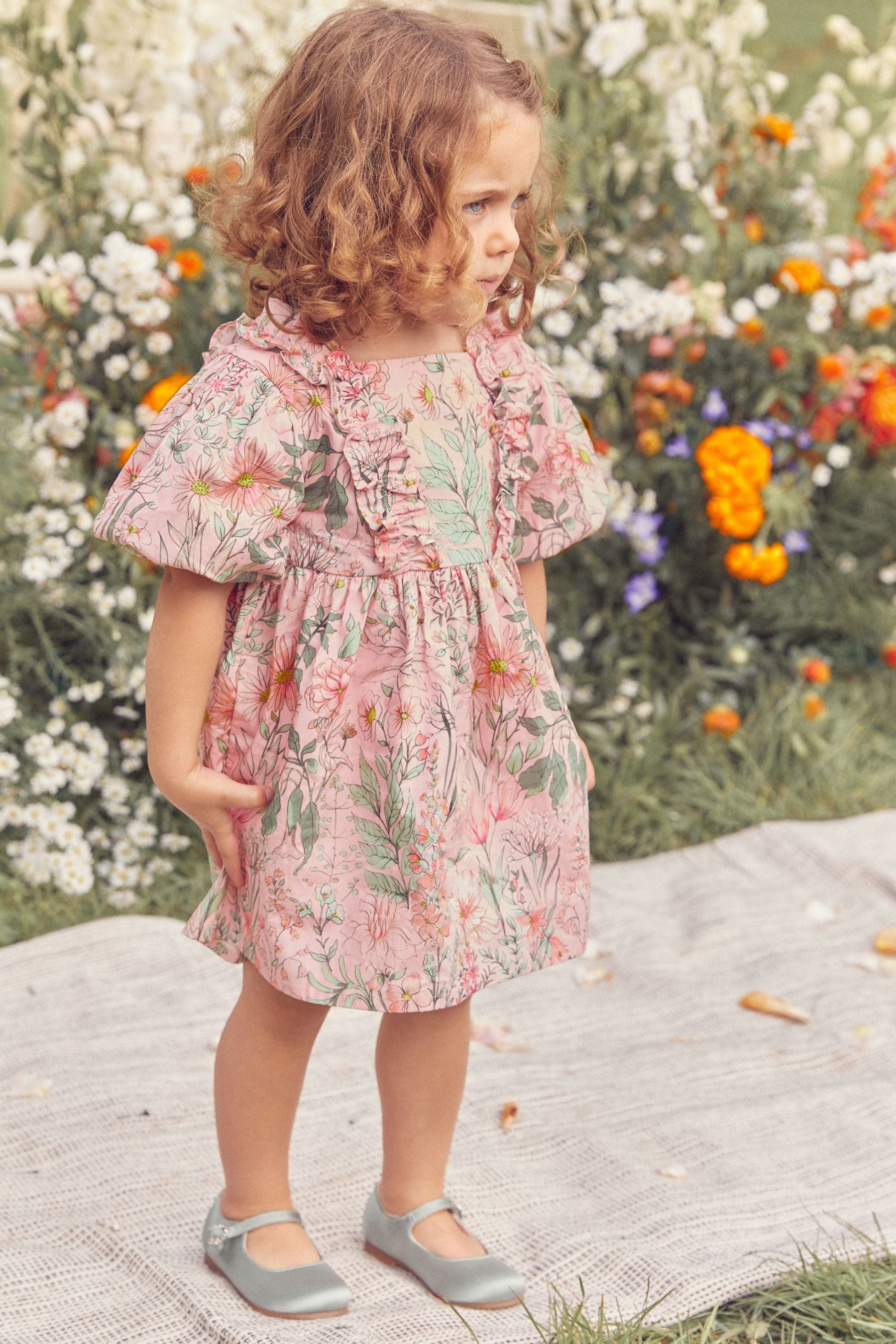 Pink Floral Printed Puff Sleeves Dress (3mths-8yrs)