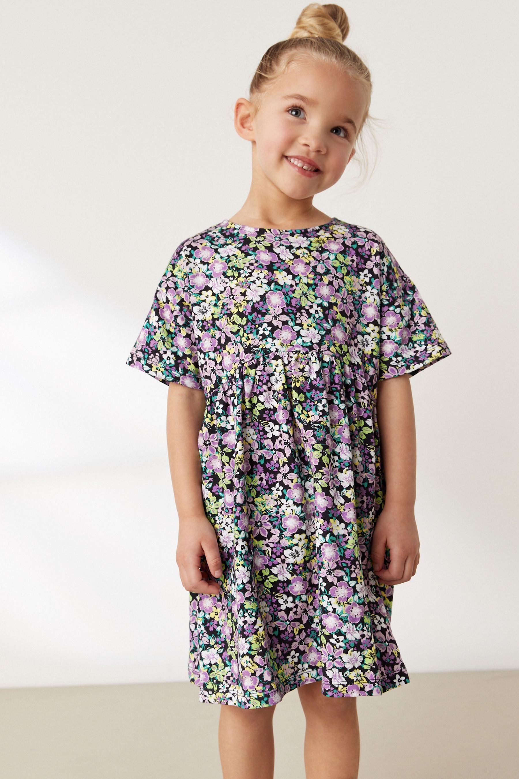 Lilac Purple/Green Floral Ditsy Print Short Sleeve Jersey Dress (3-16yrs)