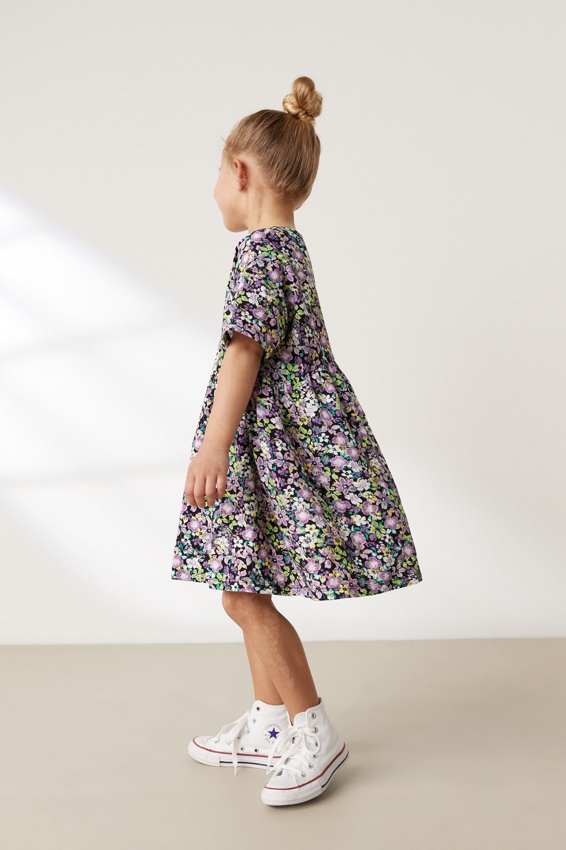 Lilac Purple/Green Floral Ditsy Print Short Sleeve Jersey Dress (3-16yrs)