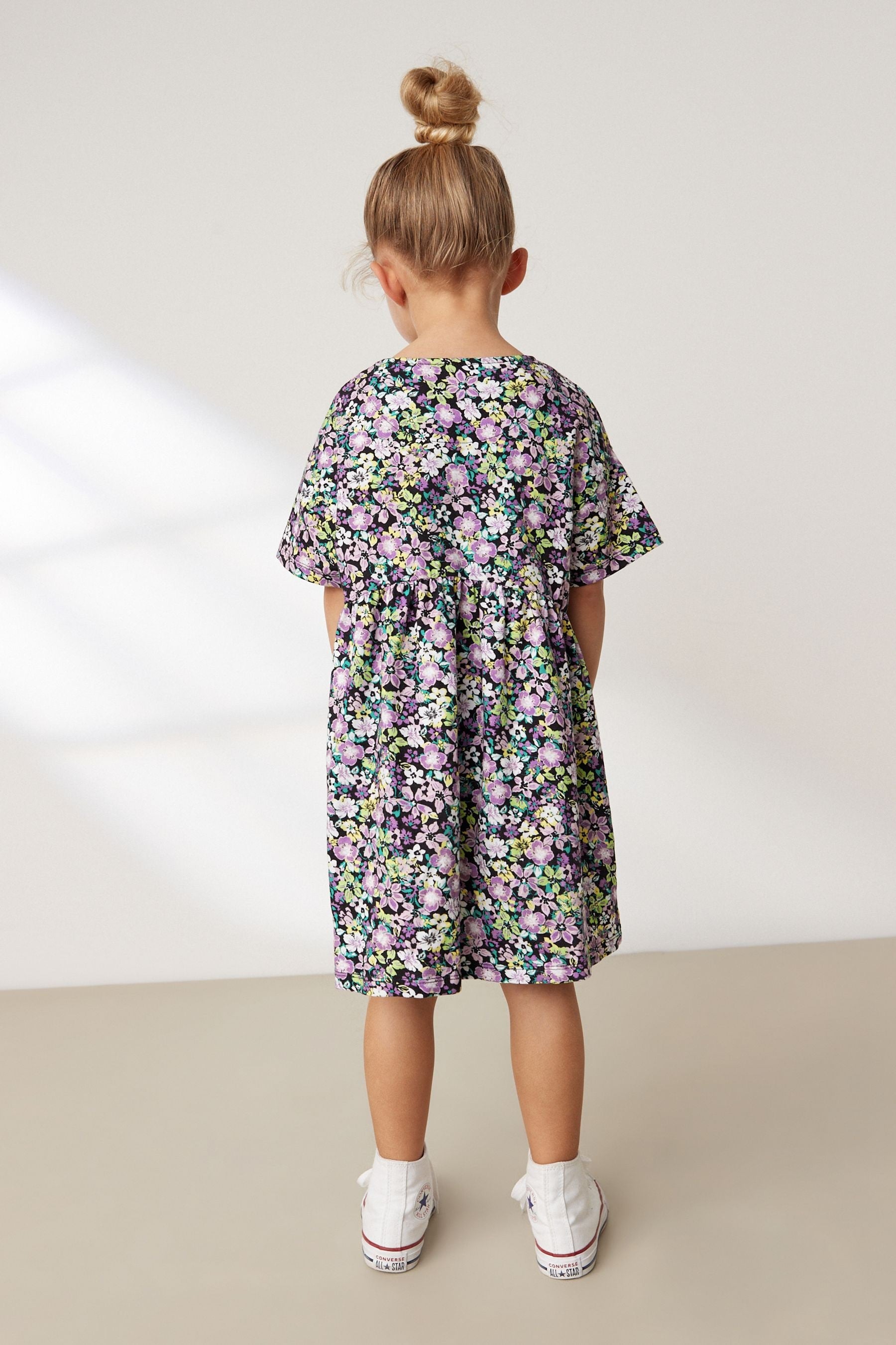 Lilac Purple/Green Floral Ditsy Print Short Sleeve Jersey Dress (3-16yrs)