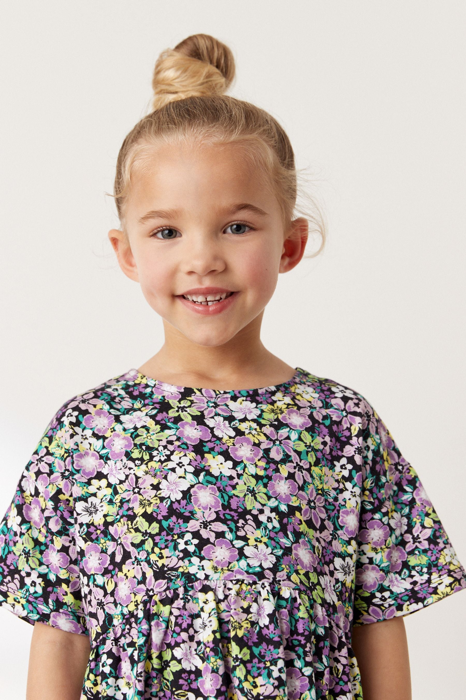 Lilac Purple/Green Floral Ditsy Print Short Sleeve Jersey Dress (3-16yrs)