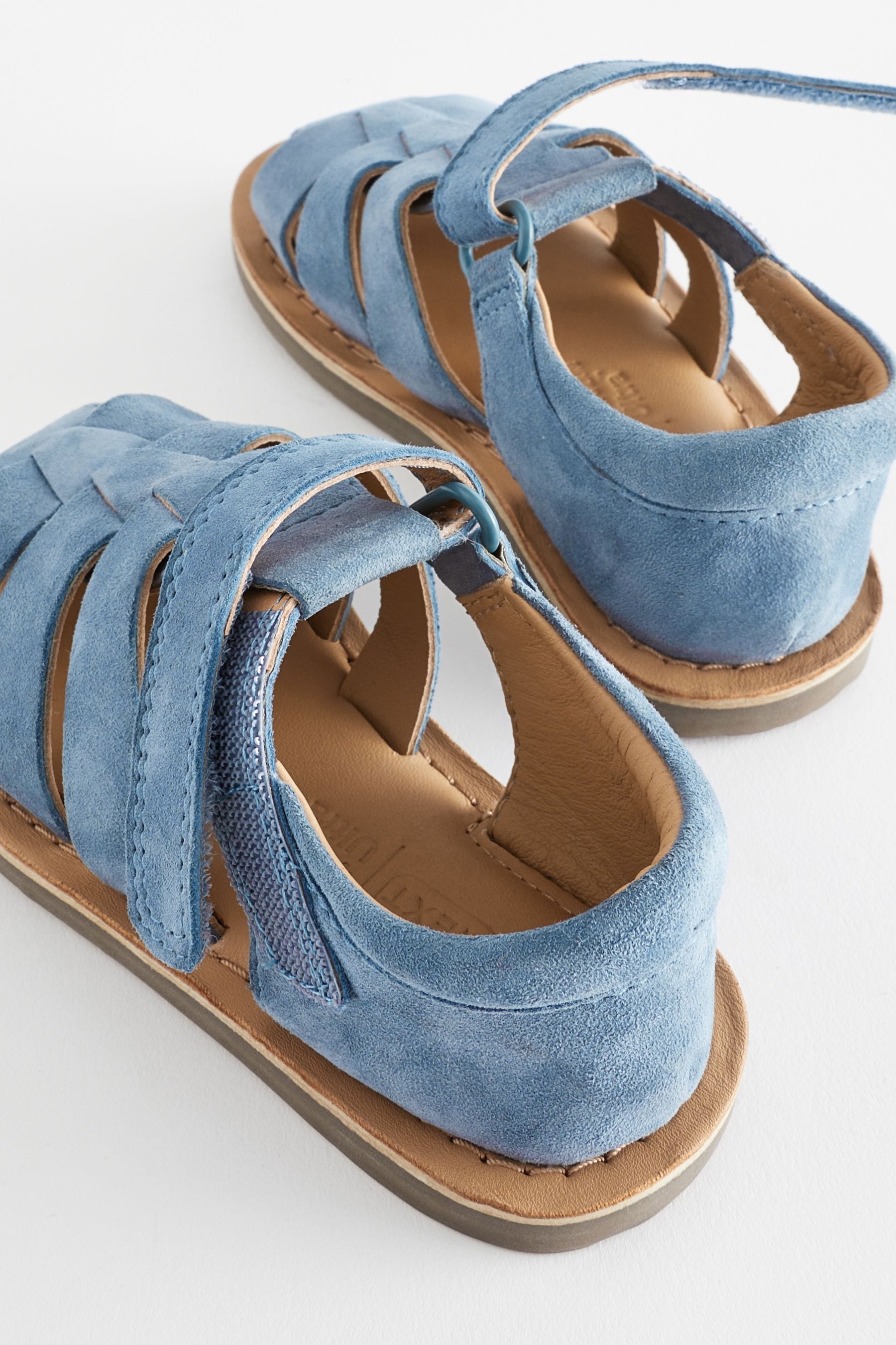 Blue Leather Closed Toe Touch Fastening Sandals