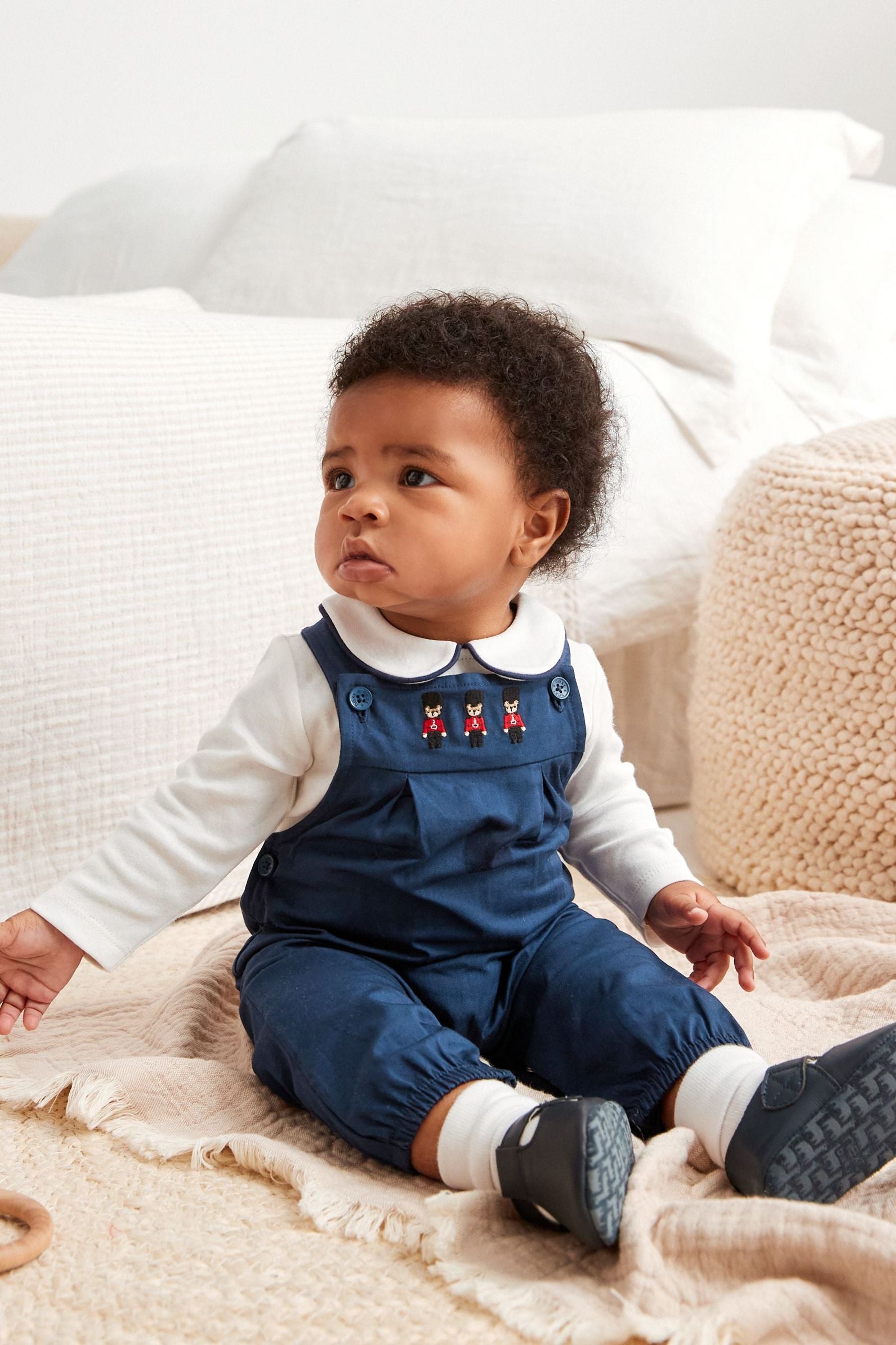 Navy Smart Woven Baby 2 Piece Dungarees With Collared Bodysuit (0mths-3yrs)