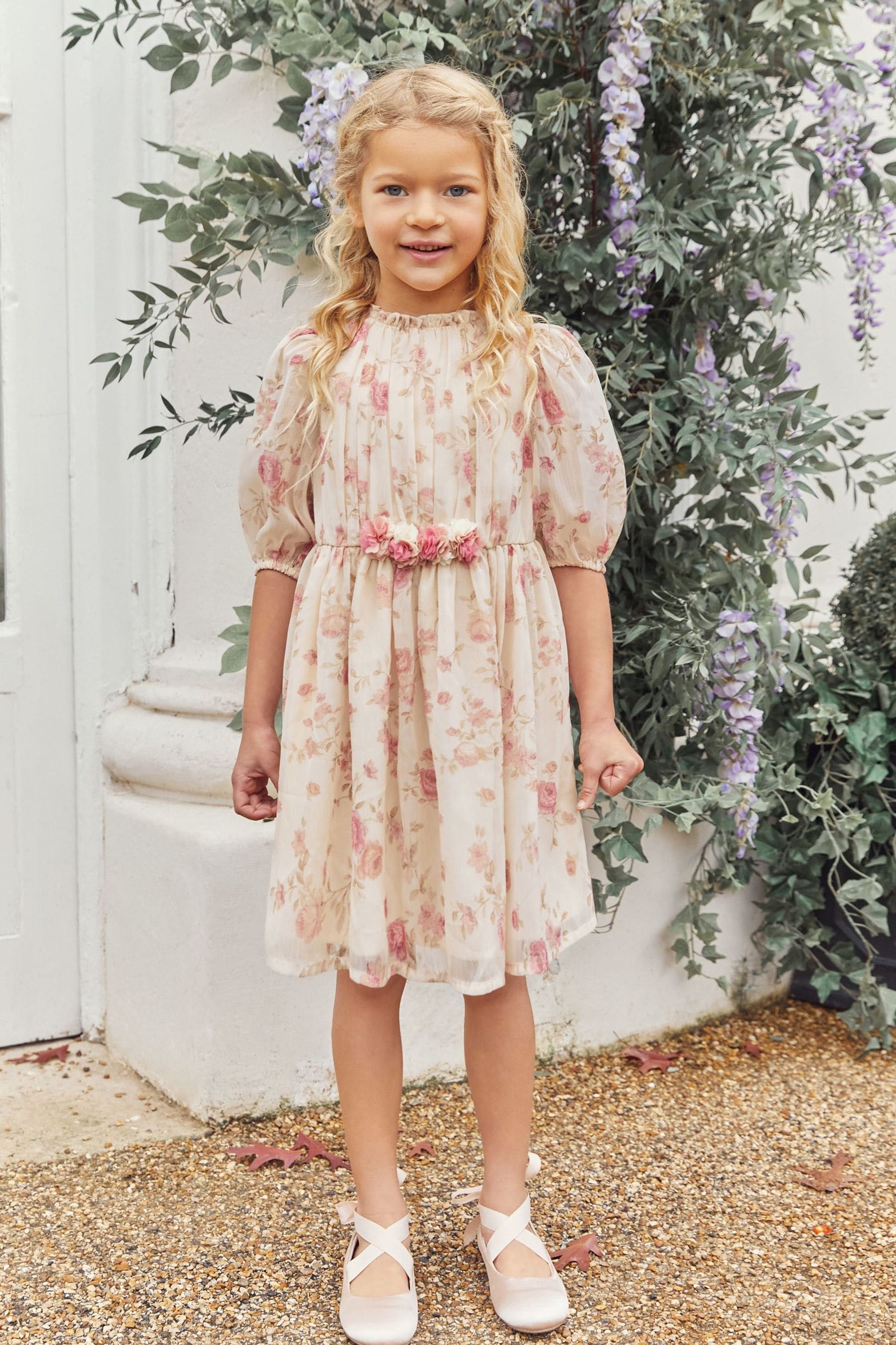 Cream/Pink Floral Chiffon Corsage Dress (3-16yrs)