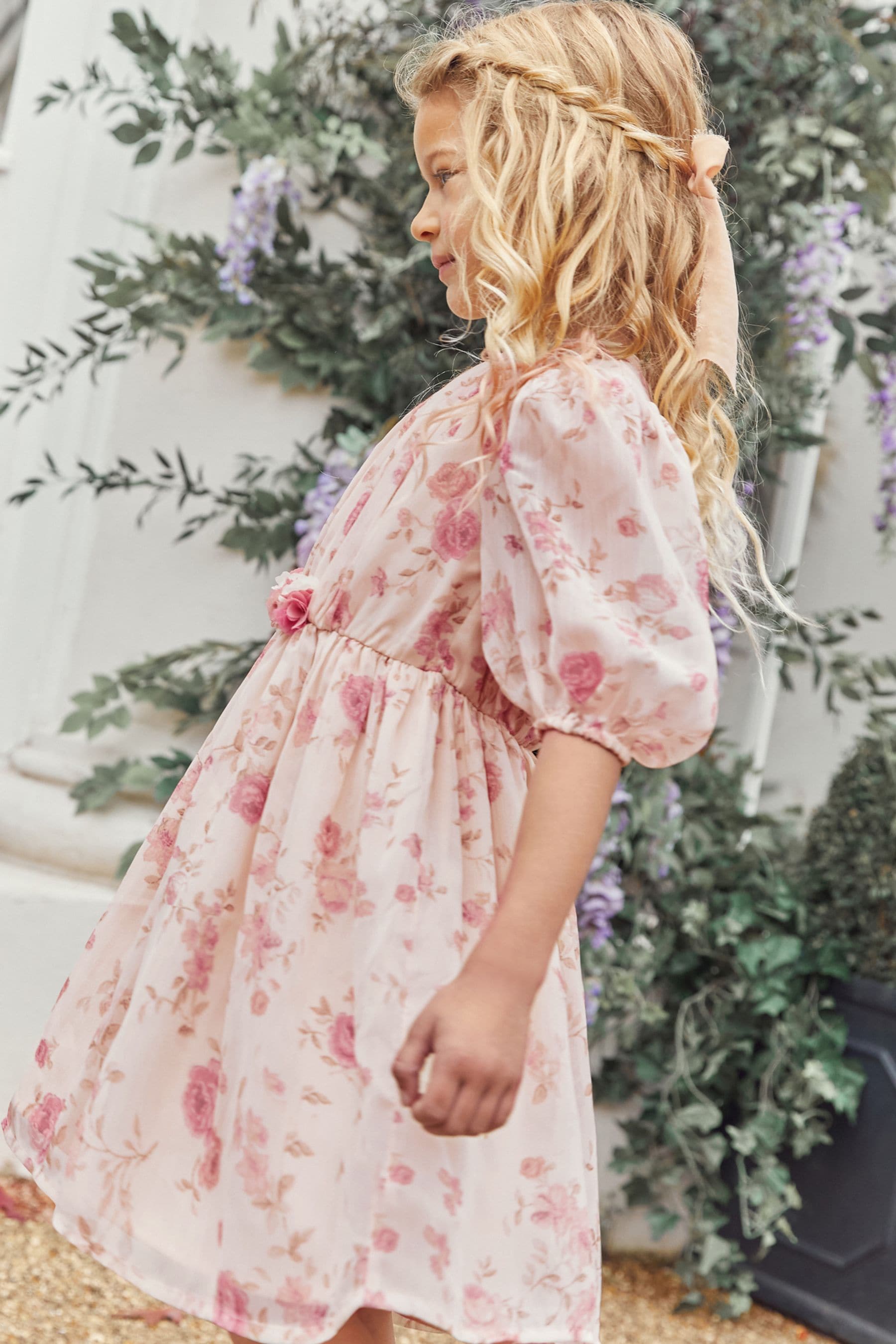 Cream/Pink Floral Chiffon Corsage Dress (3-16yrs)