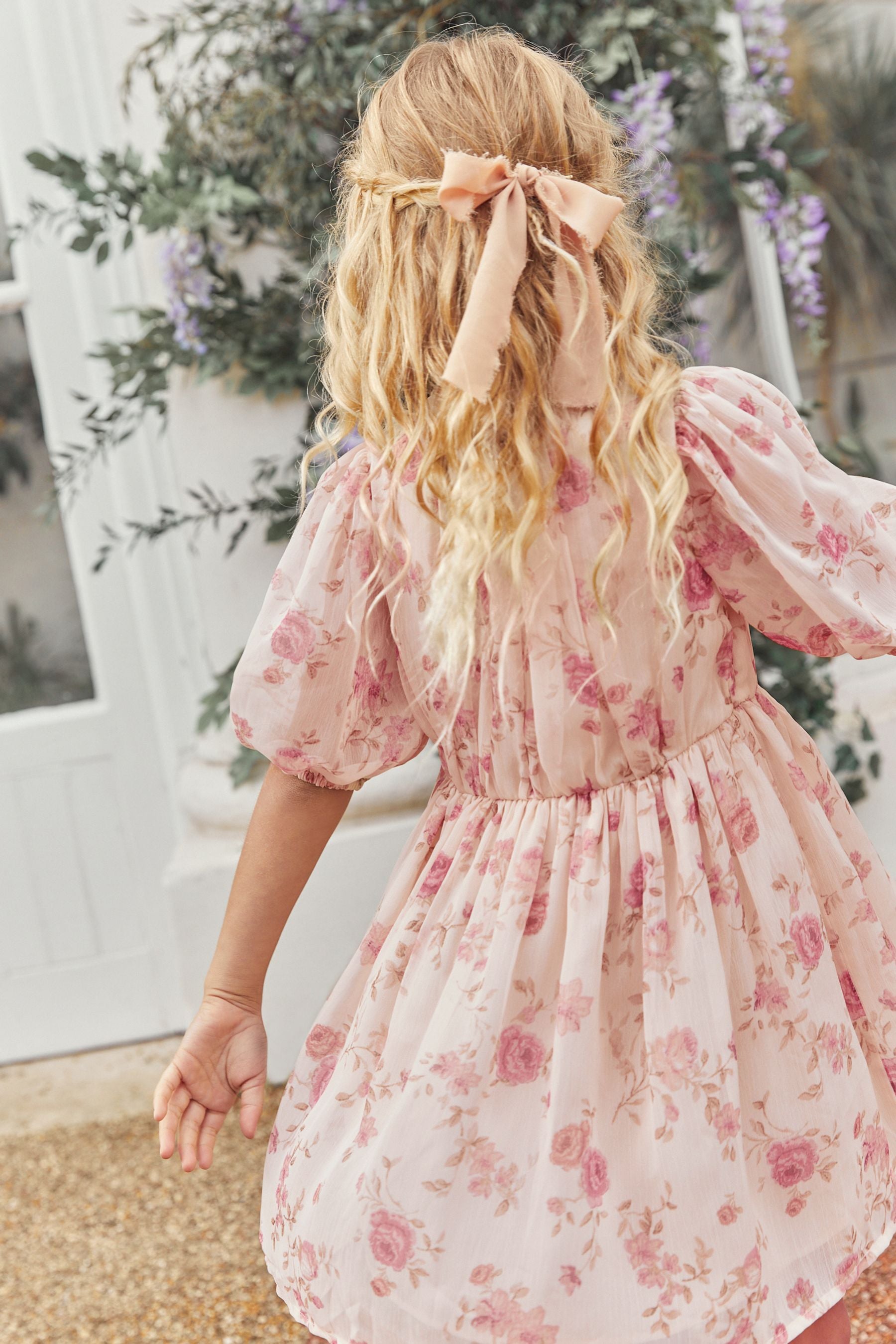 Cream/Pink Floral Chiffon Corsage Dress (3-16yrs)