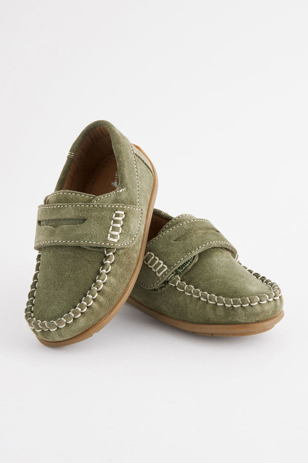 Sage Green Leather Penny Loafers with Touch & Close Fastening