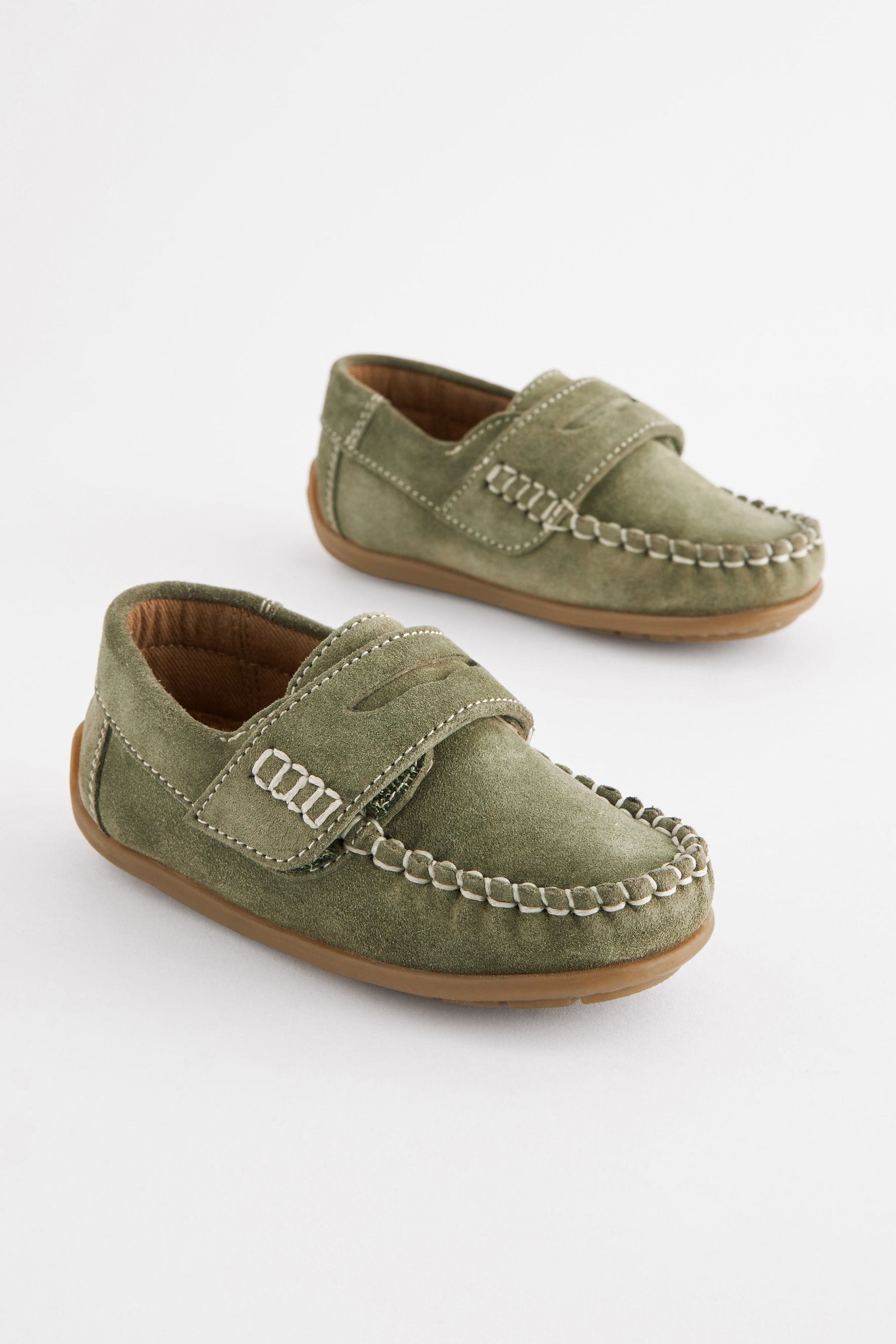 Sage Green Leather Penny Loafers with Touch & Close Fastening