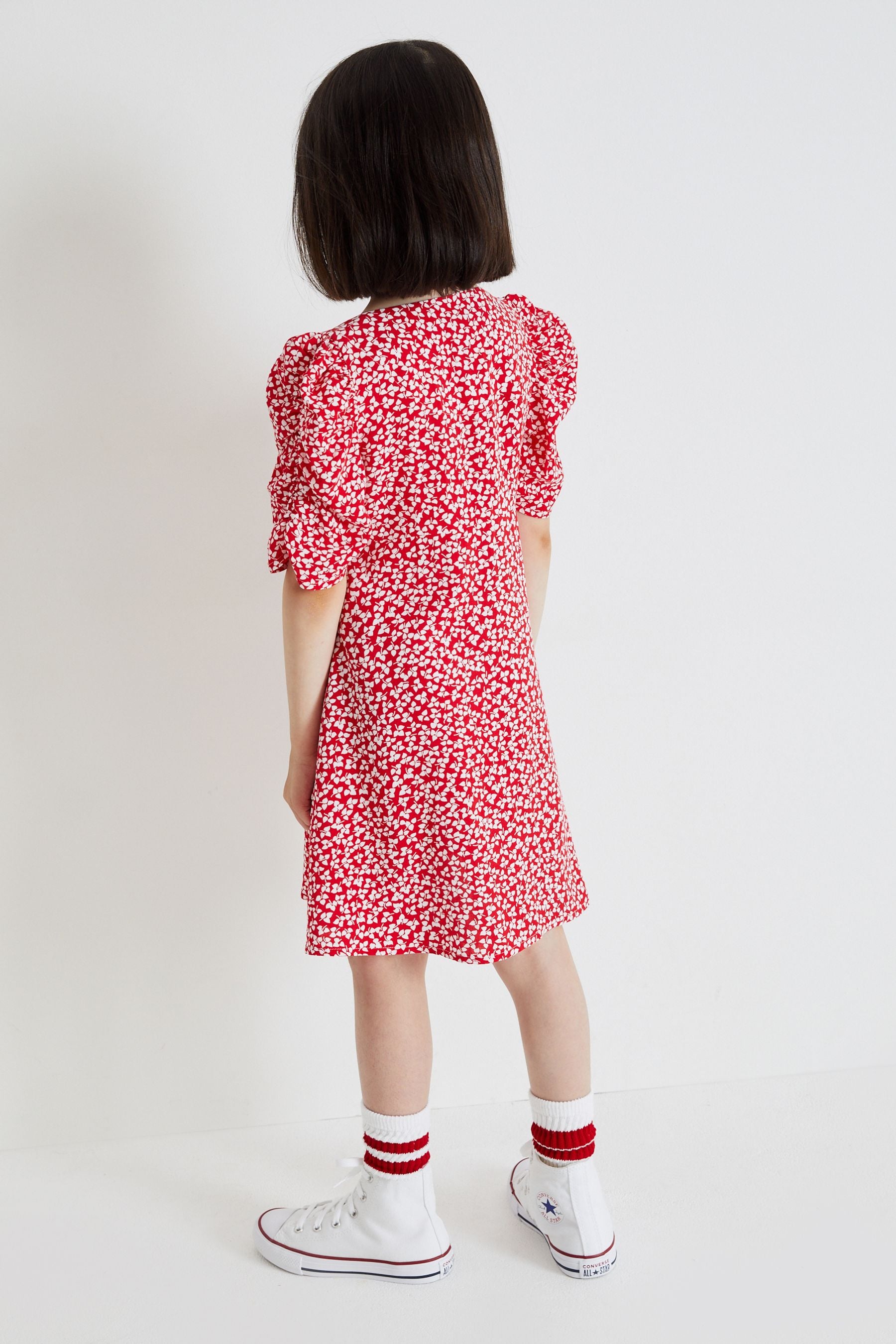 Red Ditsy Ruched Sleeve Tea Dress (3-16yrs)