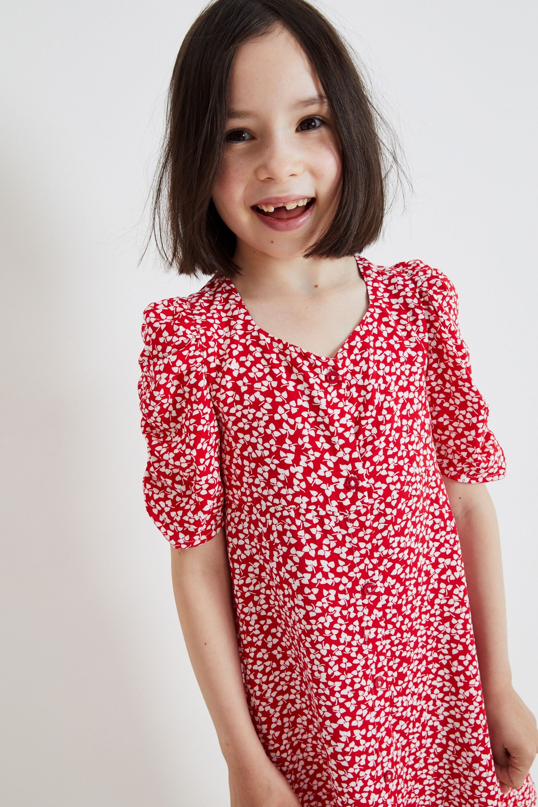 Red Ditsy Ruched Sleeve Tea Dress (3-16yrs)