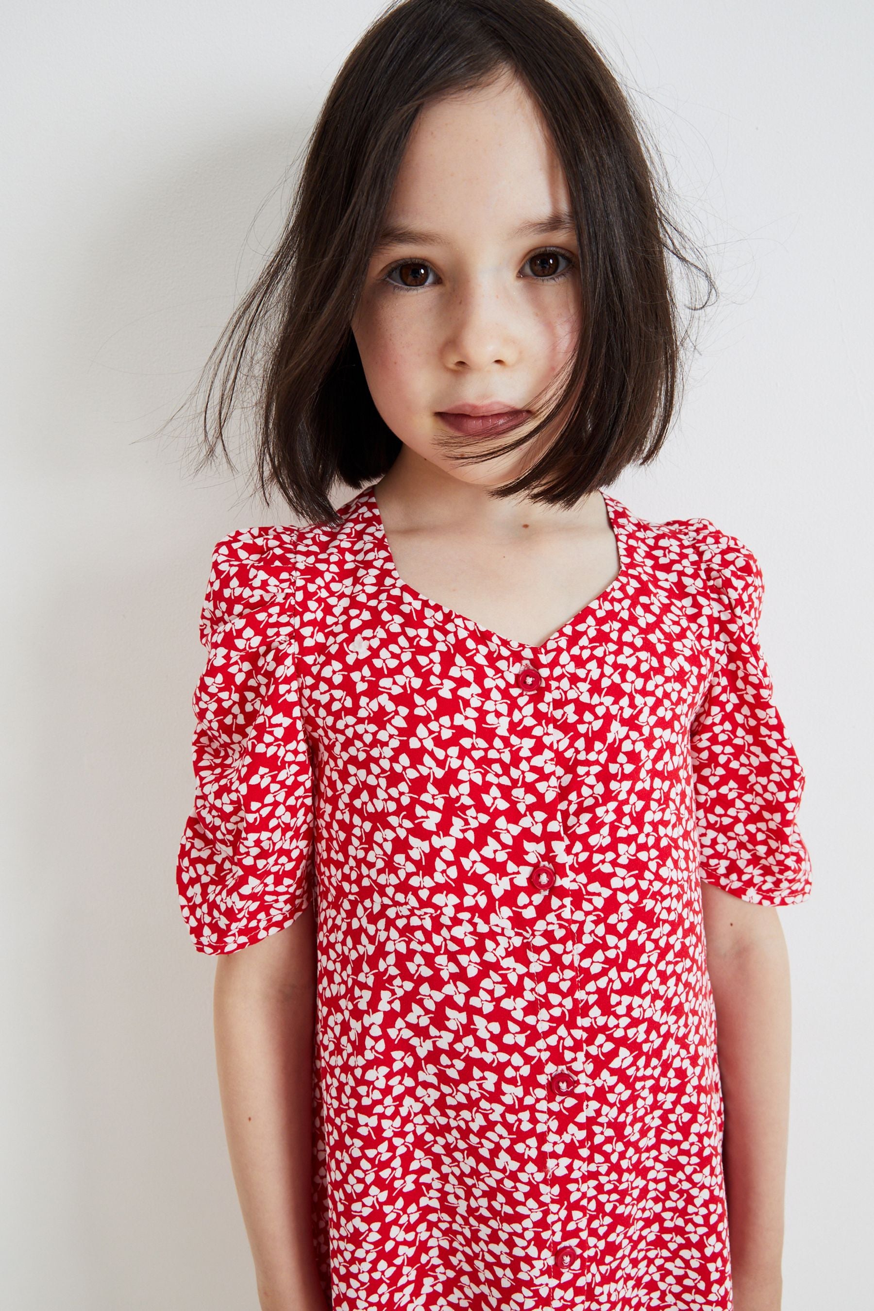 Red Ditsy Ruched Sleeve Tea Dress (3-16yrs)