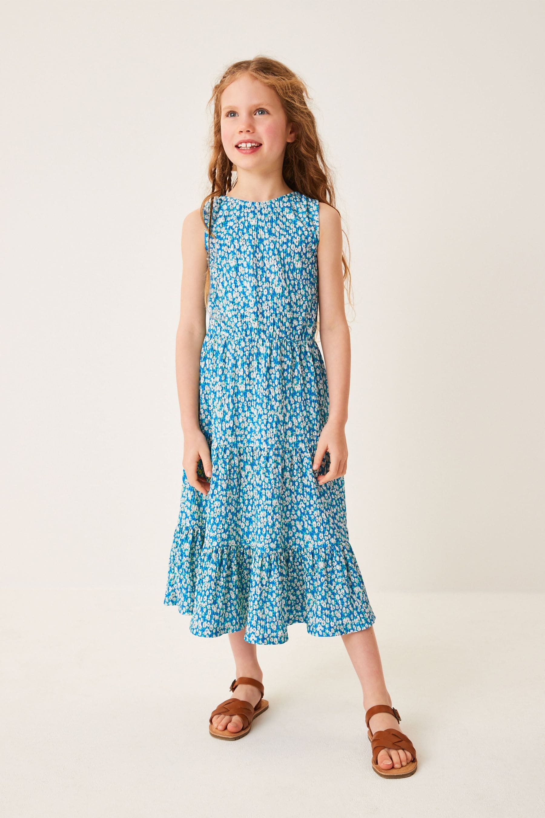 Blue/White Floral Print Back Detail Jersey Tiered Midi Dress (3-16yrs)