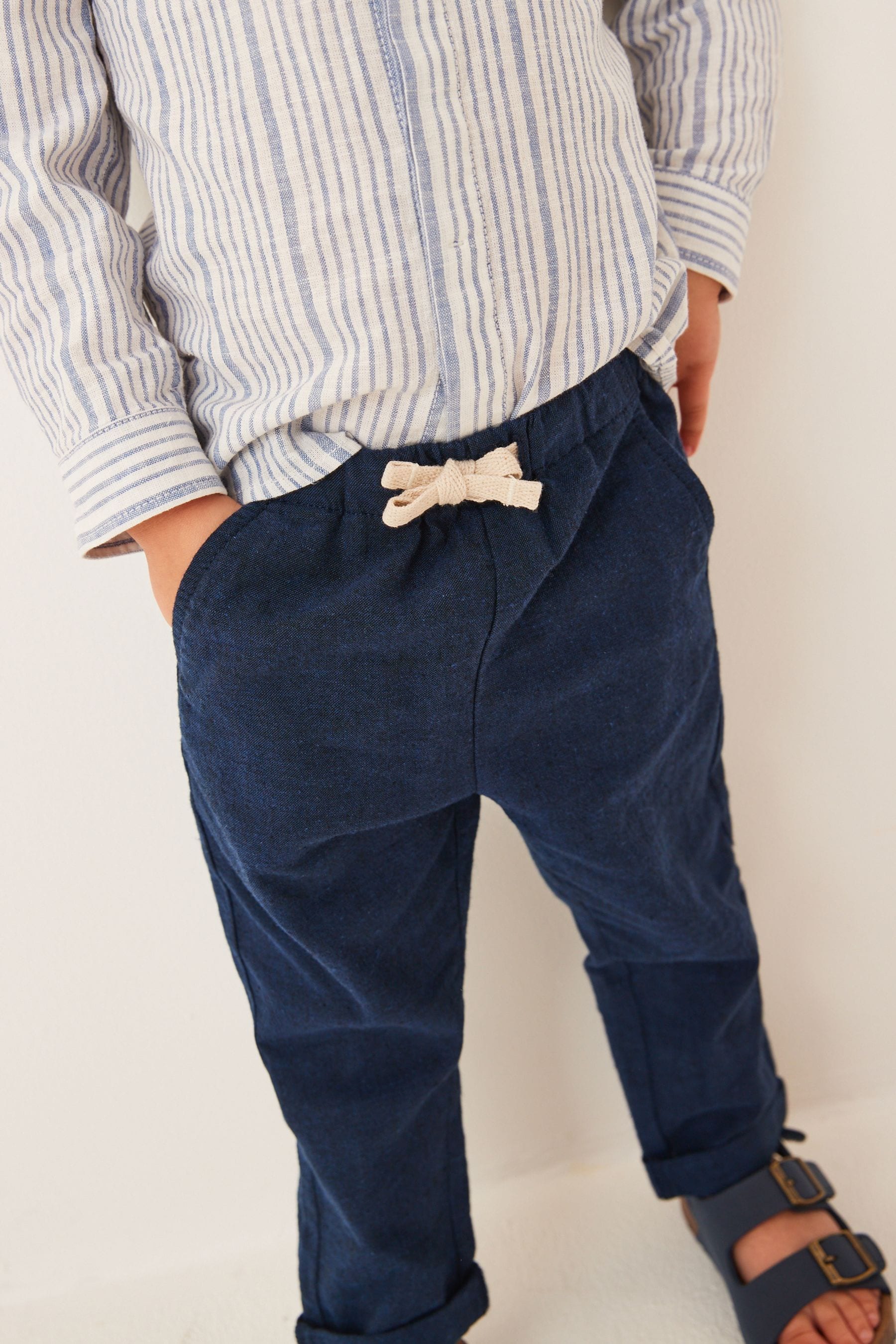 Navy Blue Linen Blend Pull-On Trousers (3mths-7yrs)