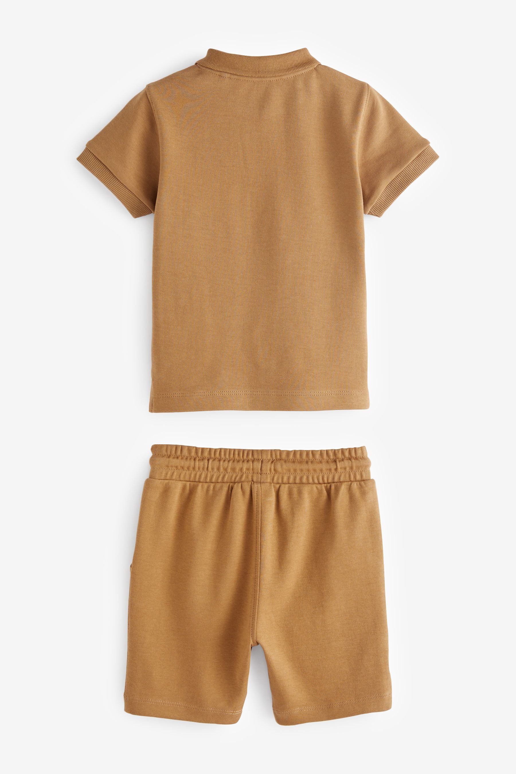 Tan Brown Short Sleeve Jersey Zip Neck Polo Shirt And Shorts Set (3mths-7yrs)