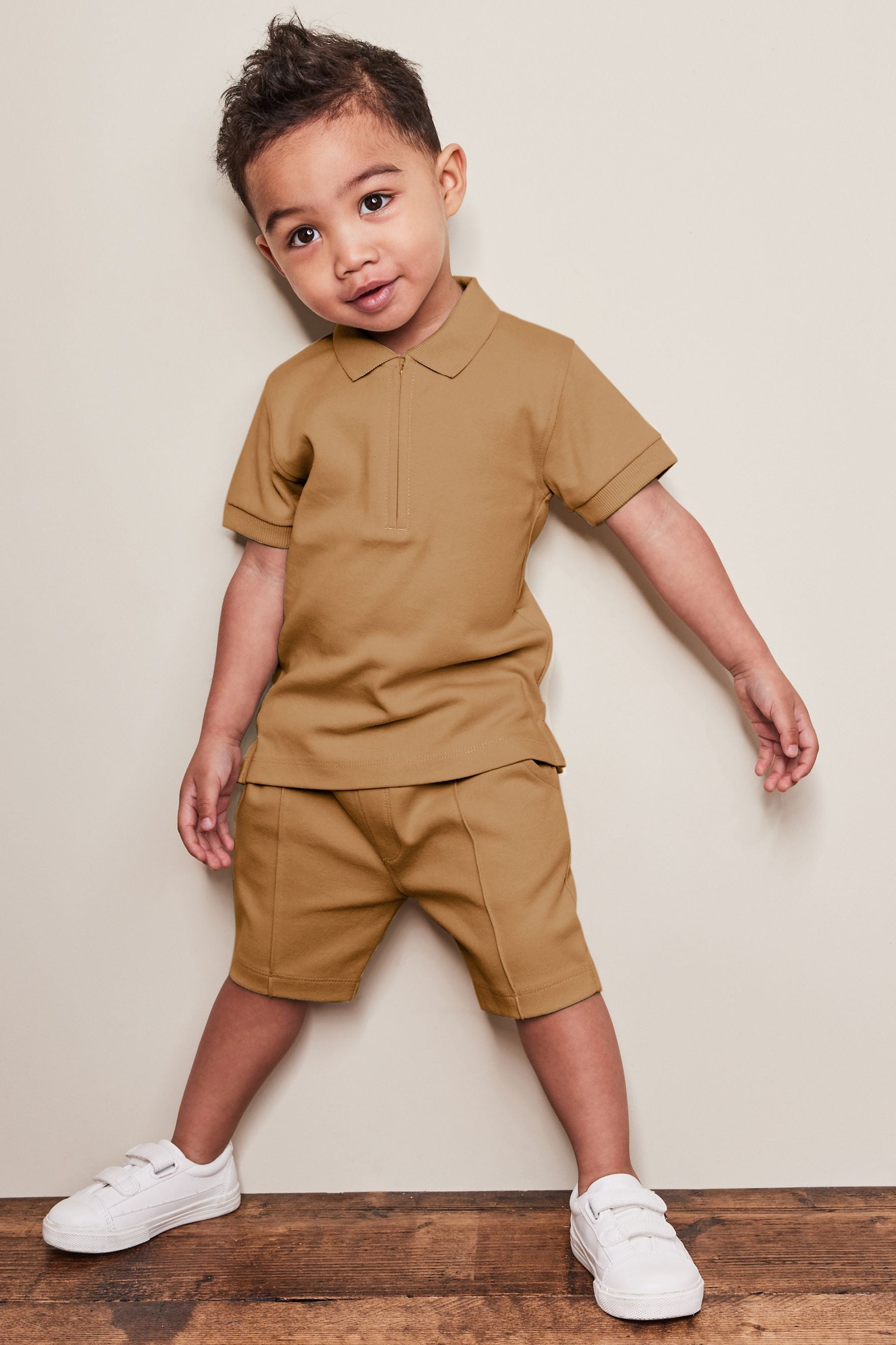 Tan Brown Short Sleeve Jersey Zip Neck Polo Shirt And Shorts Set (3mths-7yrs)