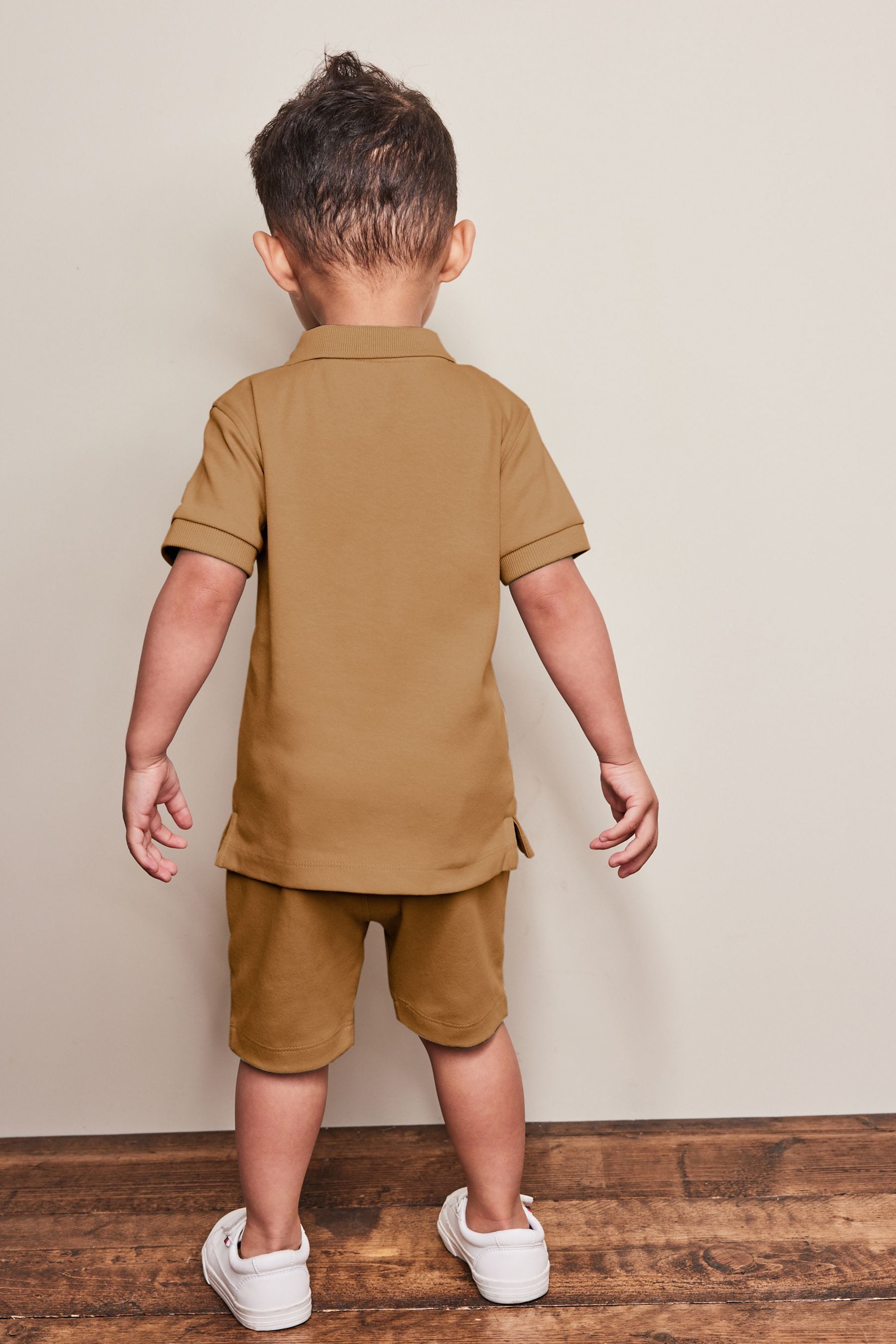 Tan Brown Short Sleeve Jersey Zip Neck Polo Shirt And Shorts Set (3mths-7yrs)