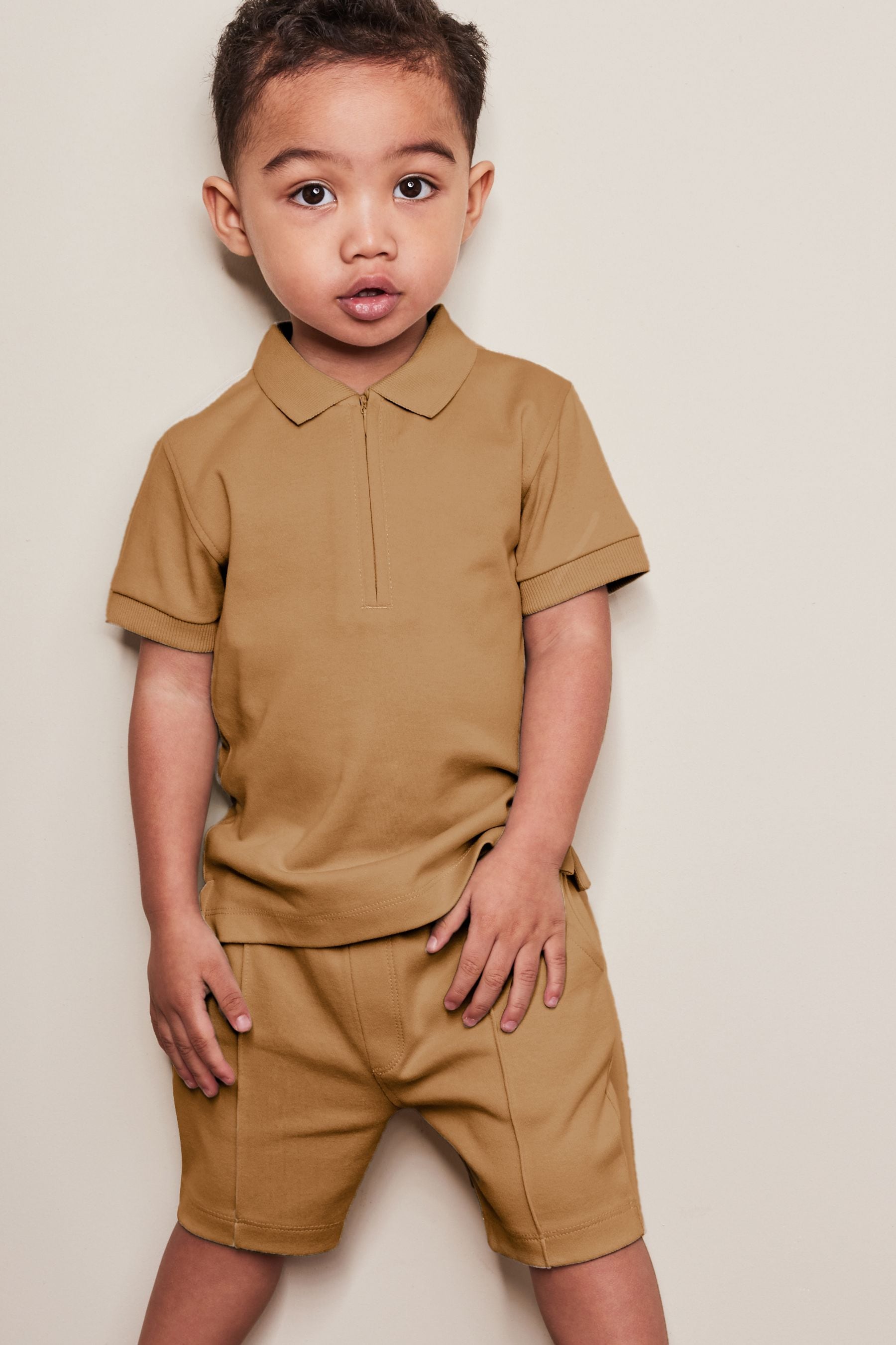 Tan Brown Short Sleeve Jersey Zip Neck Polo Shirt And Shorts Set (3mths-7yrs)