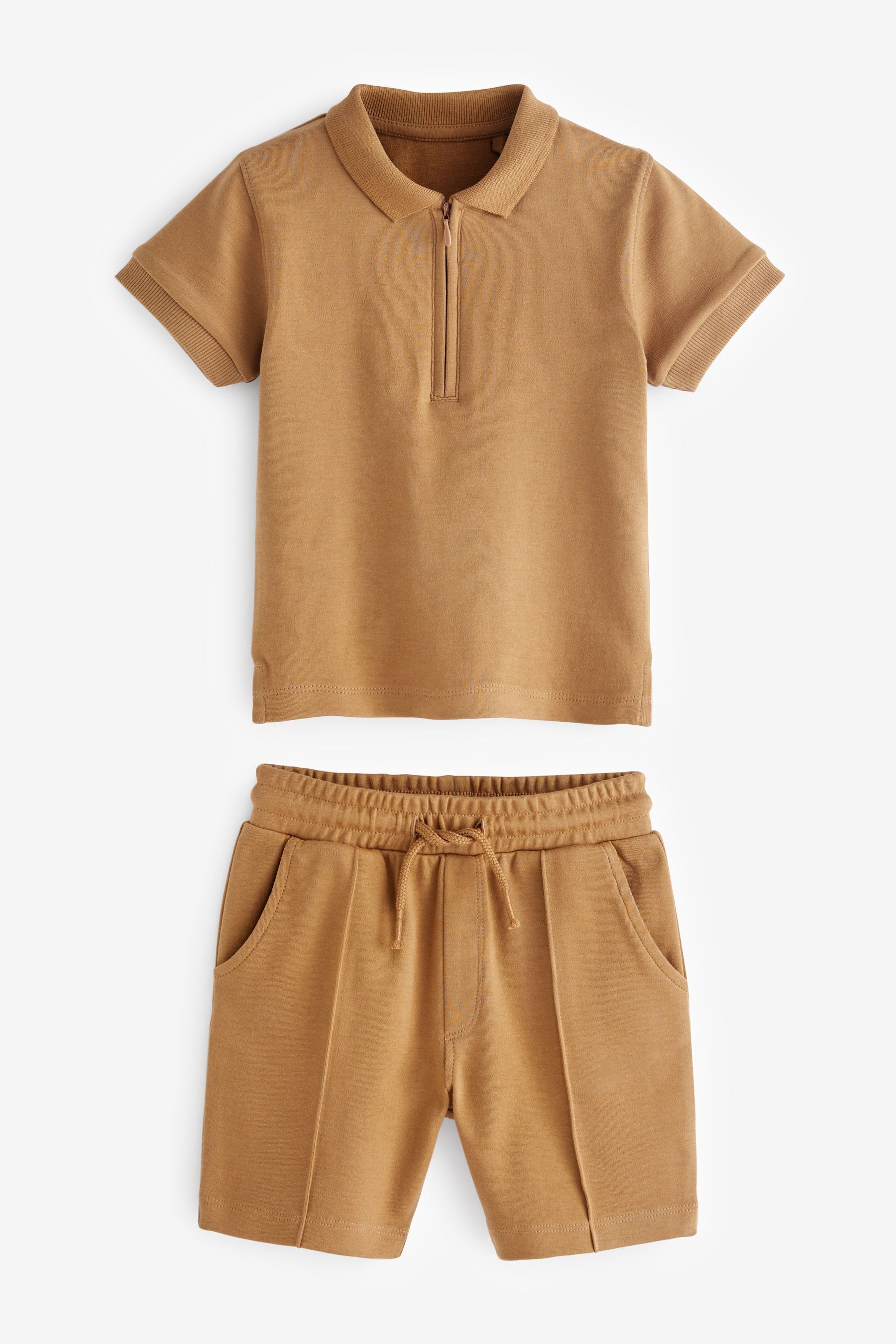 Tan Brown Short Sleeve Jersey Zip Neck Polo Shirt And Shorts Set (3mths-7yrs)