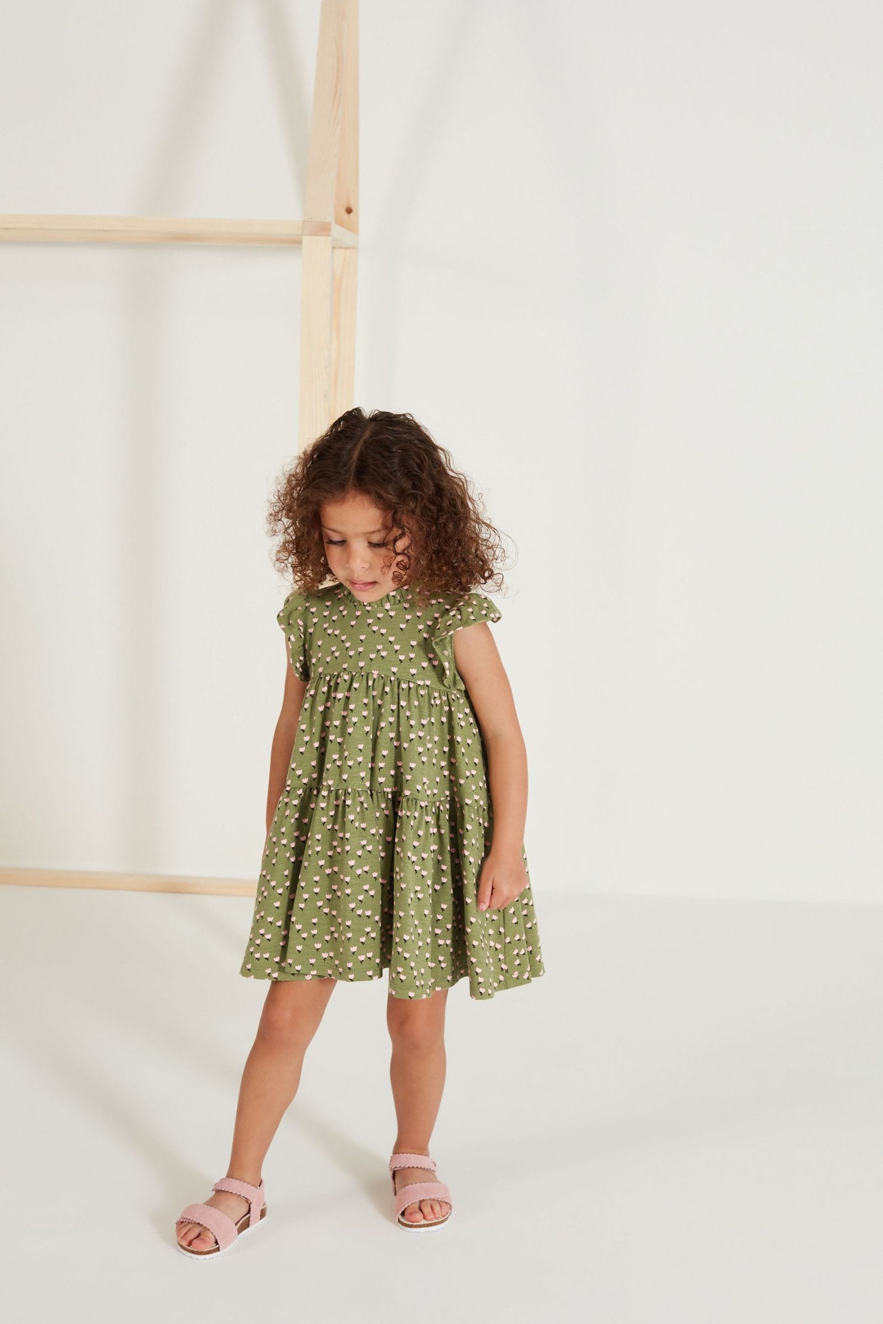 Green Floral Short Sleeve Tiered Jersey Dress (3mths-7yrs)