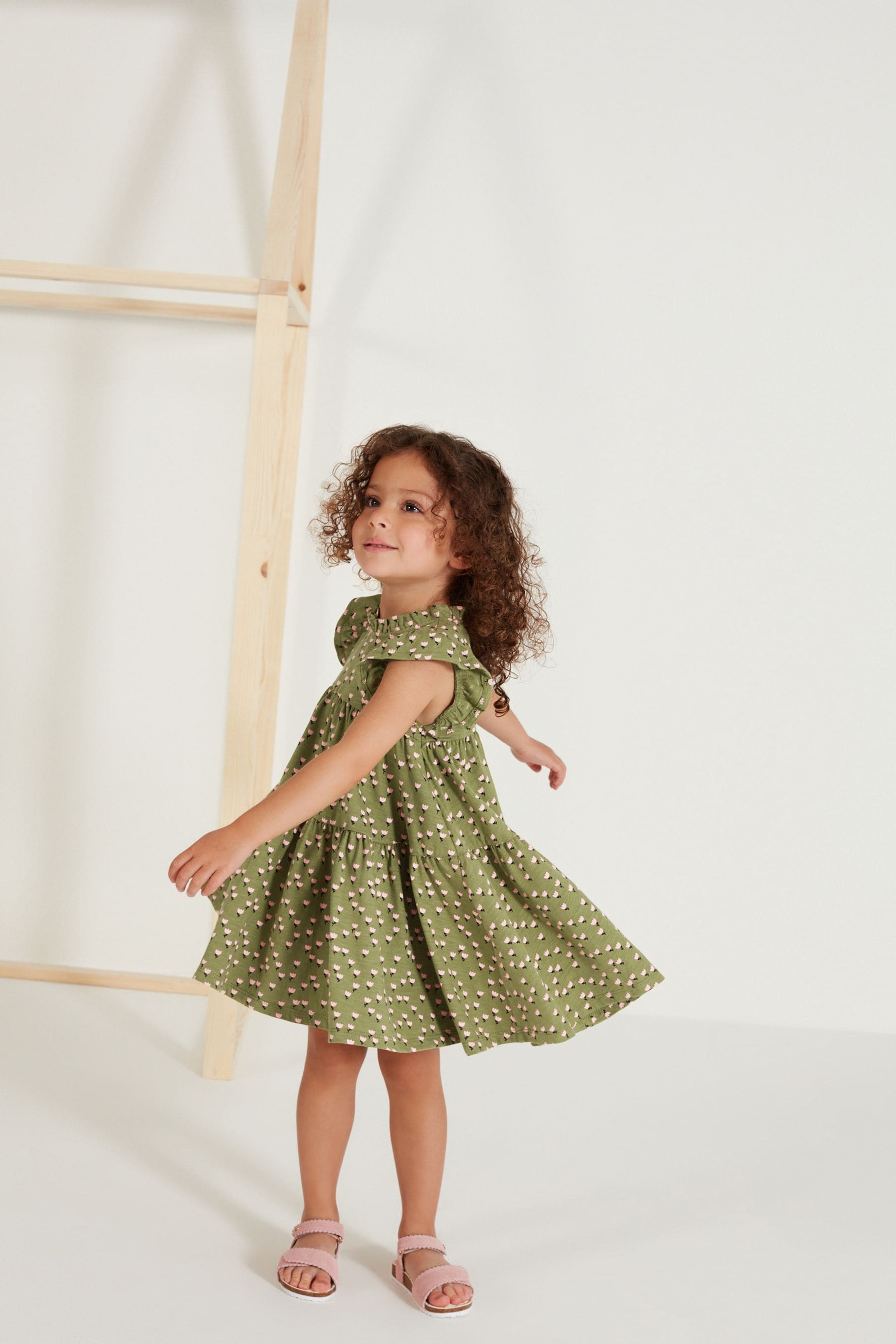 Green Floral Short Sleeve Tiered Jersey Dress (3mths-7yrs)