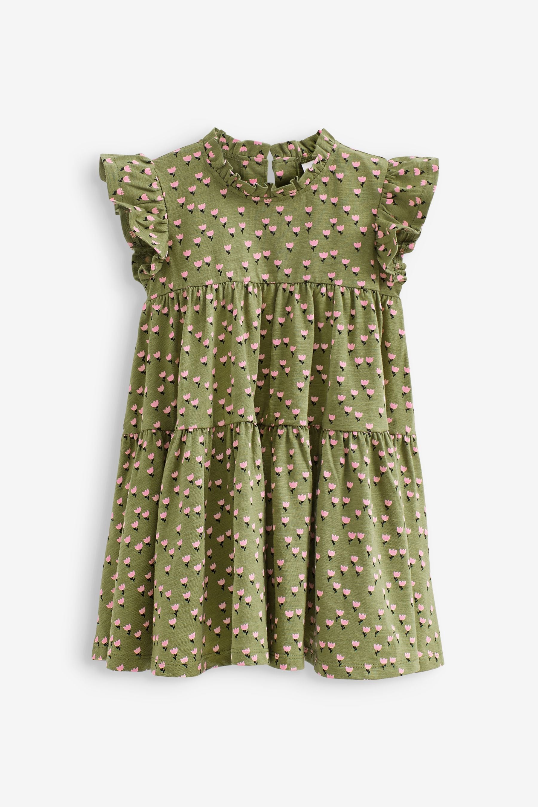 Green Floral Short Sleeve Tiered Jersey Dress (3mths-7yrs)