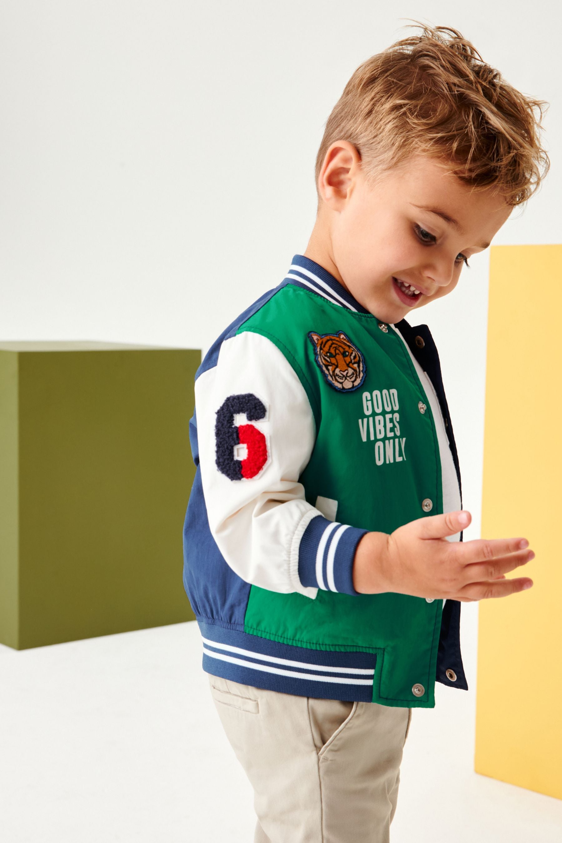 Blue Patchwork Colour Block Varsity Jacket (3mths-7yrs)