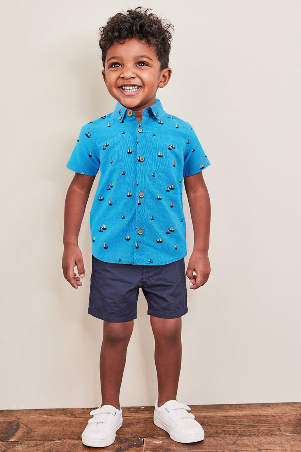 Blue Boat Print Short Sleeve Linen Cotton Shirt (3mths-7yrs)