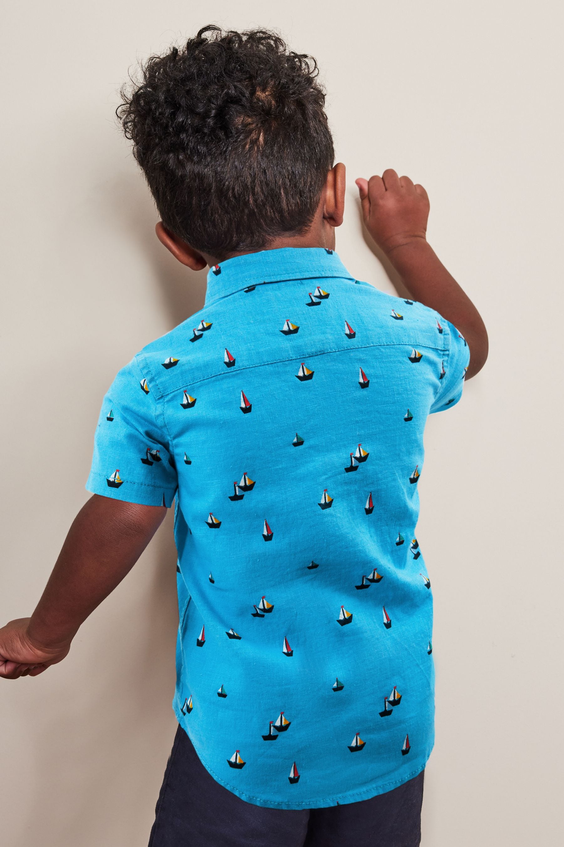 Blue Boat Print Short Sleeve Linen Cotton Shirt (3mths-7yrs)